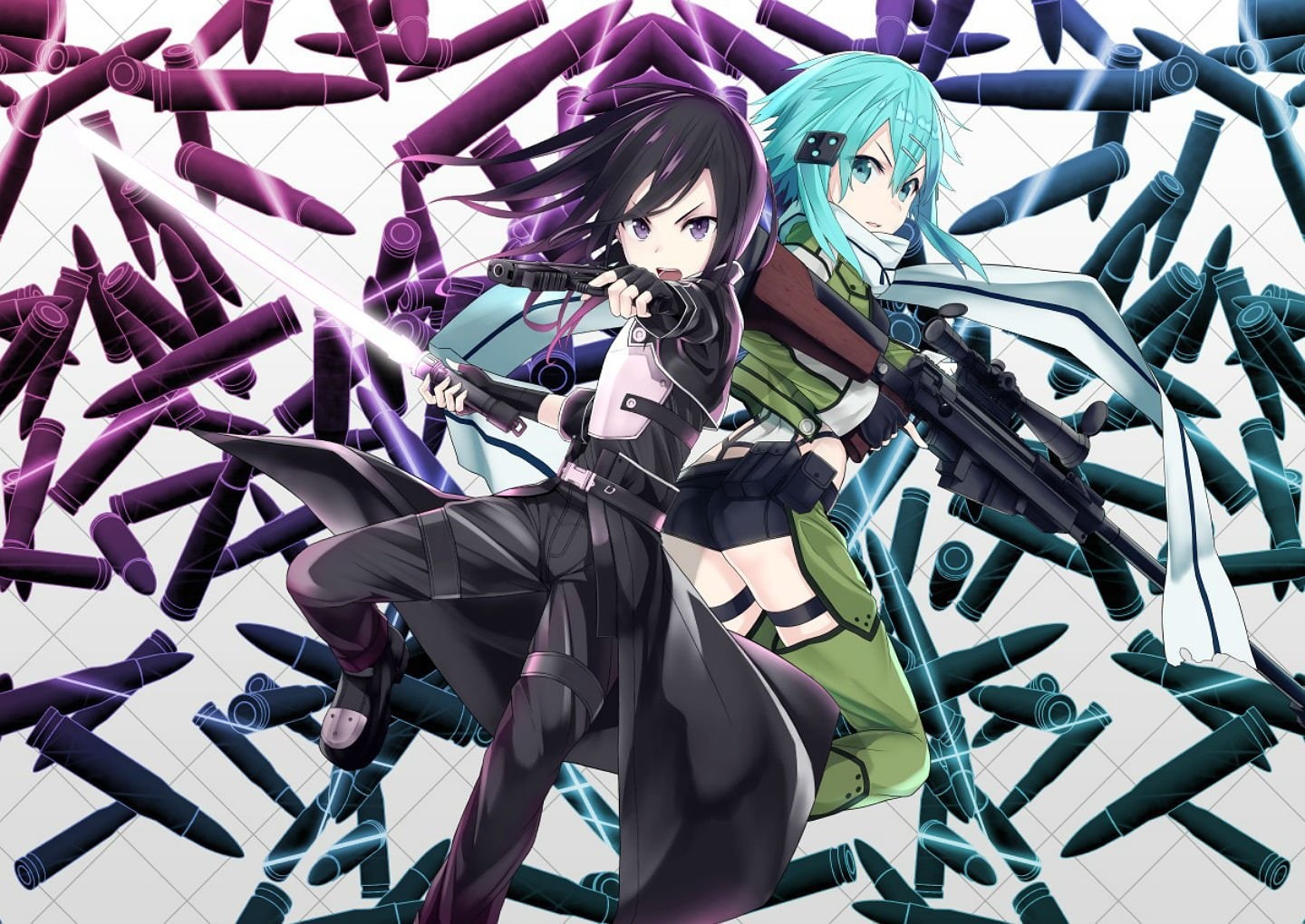 blue, gun, shinon, hair, sao, scarf, kirigaya, buts, art, black, 720P, sword, online, weapon, gale, gloves, kazuto, HD Wallpaper