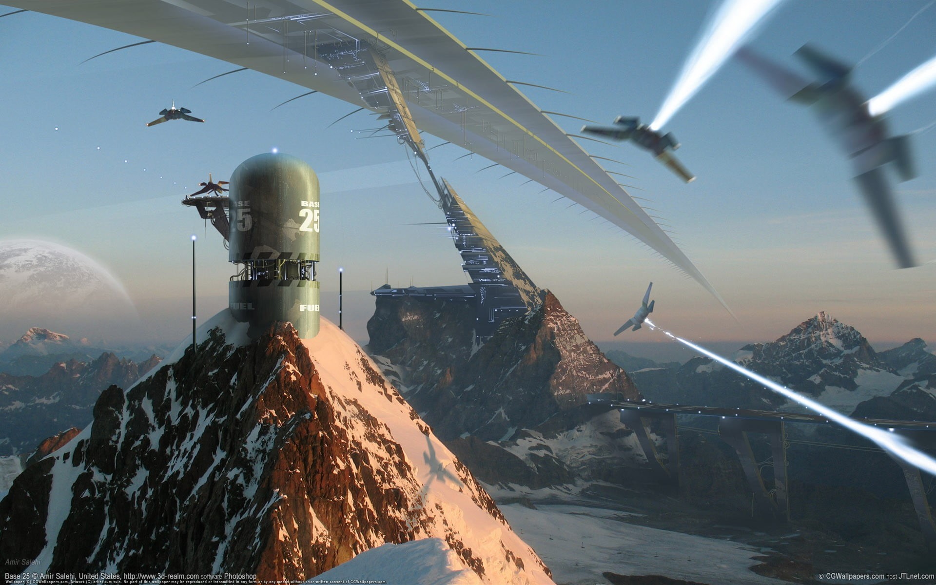 mountain, airplane, fantasy art, no people, snow, building exterior, transportation, flying, day, environment, mountain range, winter, 1080P, mountain peak, HD Wallpaper