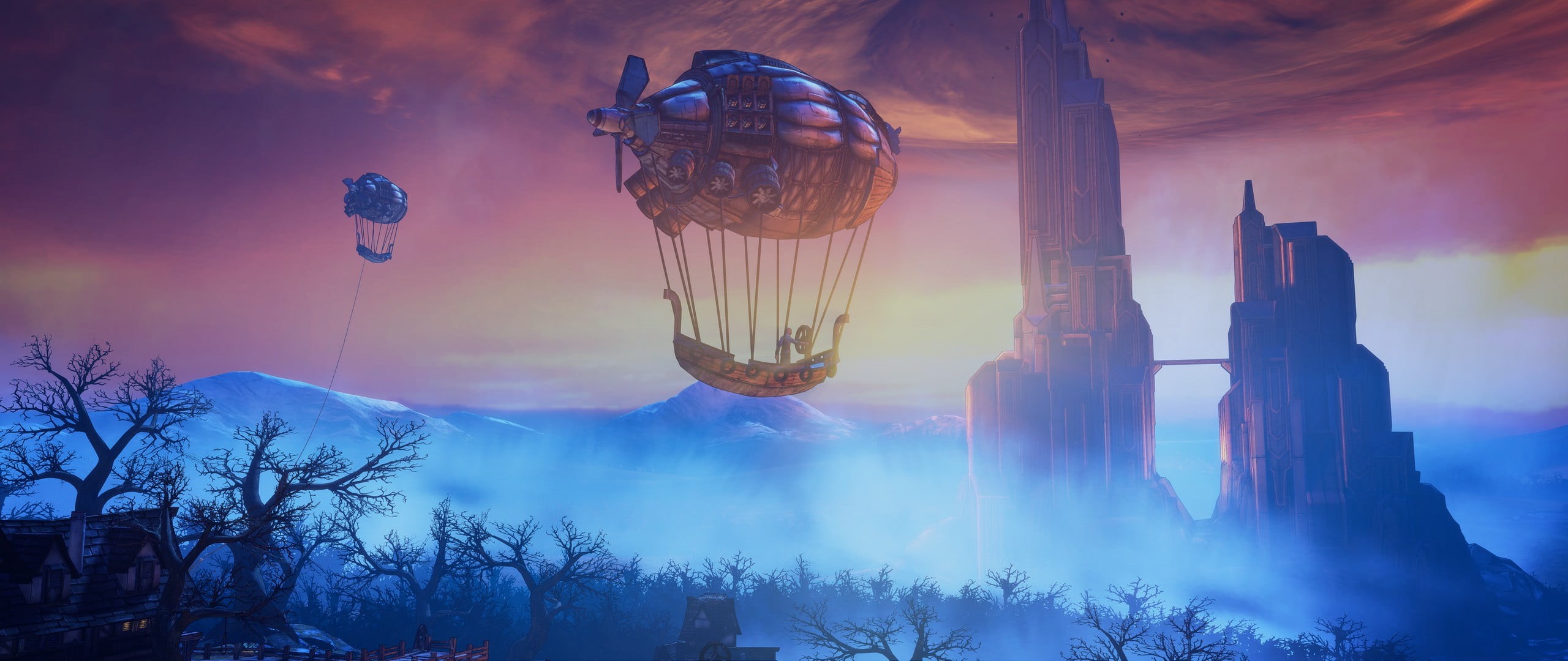 mid-air, hot air balloon, balloon, plant, poster, video games, outdoors, land, nature, mountain, sky, celebration, airship, no people, dusk, metro, digital composite, HD Wallpaper