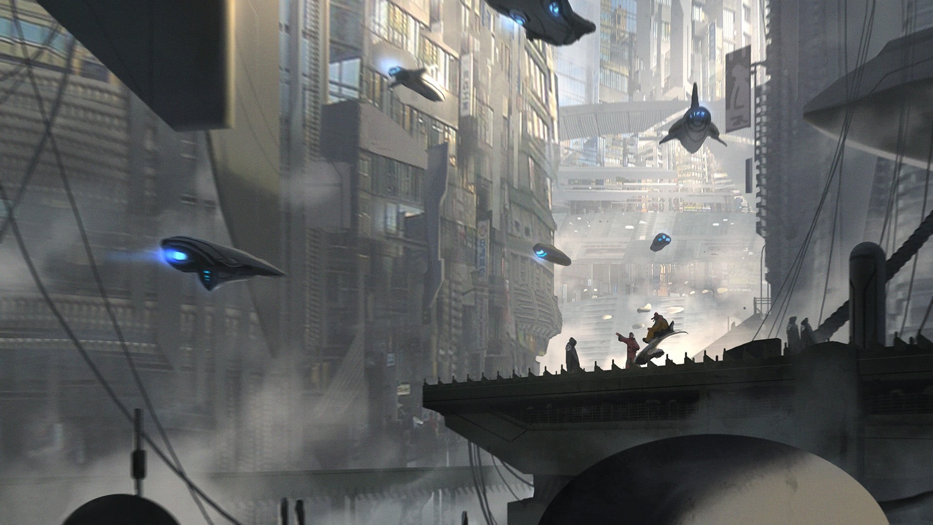 airships, glass - material, spaceships, built structure, group of people, spaceship, nature, city, women, office building exterior, science fiction, skyscraper, HD Wallpaper