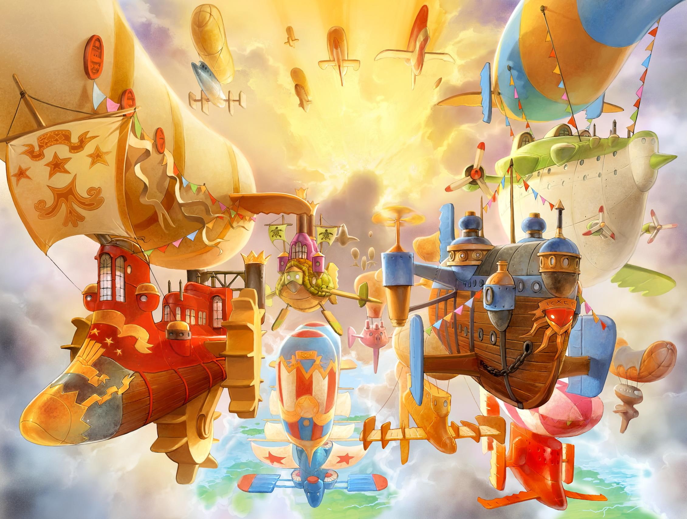 spineworld, colorful, airships, cartoon, 1080P, 2261x1706, steampunk, HD Wallpaper
