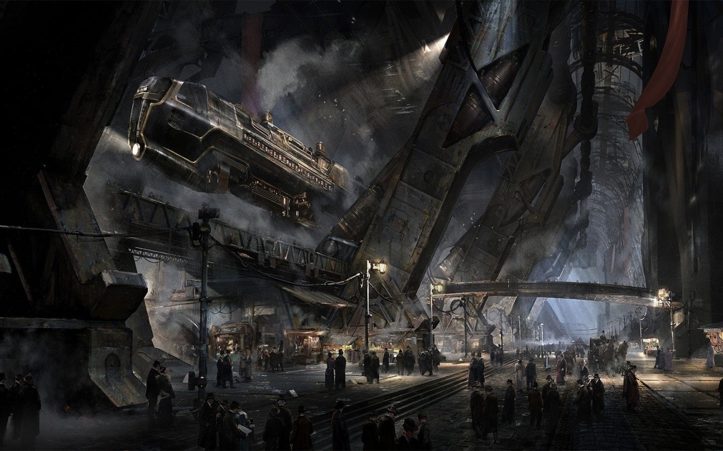 illuminated, place of worship, people digital art fantasy art futuristic city futuristic airships steampunk victorian, night, people, smoke - physical structure, HD Wallpaper