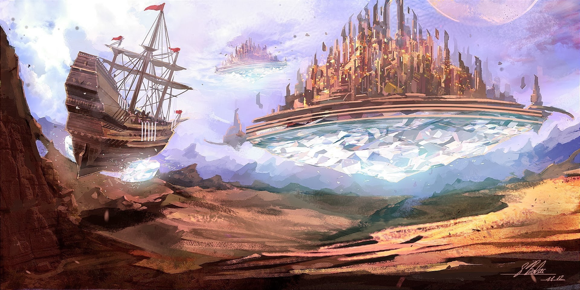 fantasy city, fantasy art, boat, desert, 1080P, airships, HD Wallpaper