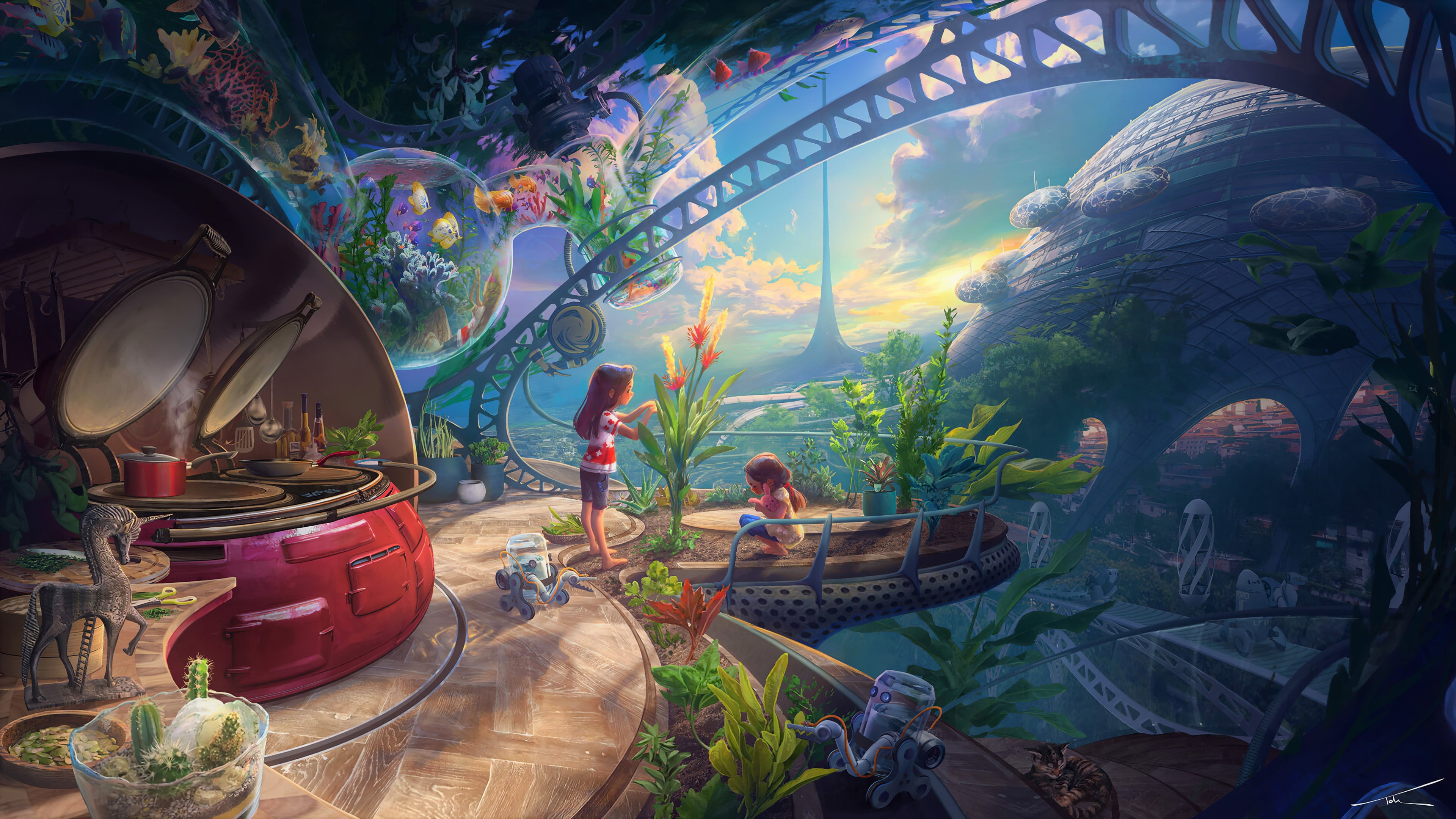 4K, colorful, fantasy art, futuristic city, Thomas Chamberlain - Keen, HD Wallpaper