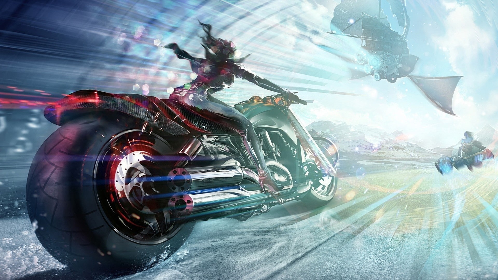 futuristic, anime girls, women, airships, fantasy art, high heels, science fiction, anime, motorcycle, digital art, artwork, 1080P, concept art, HD Wallpaper