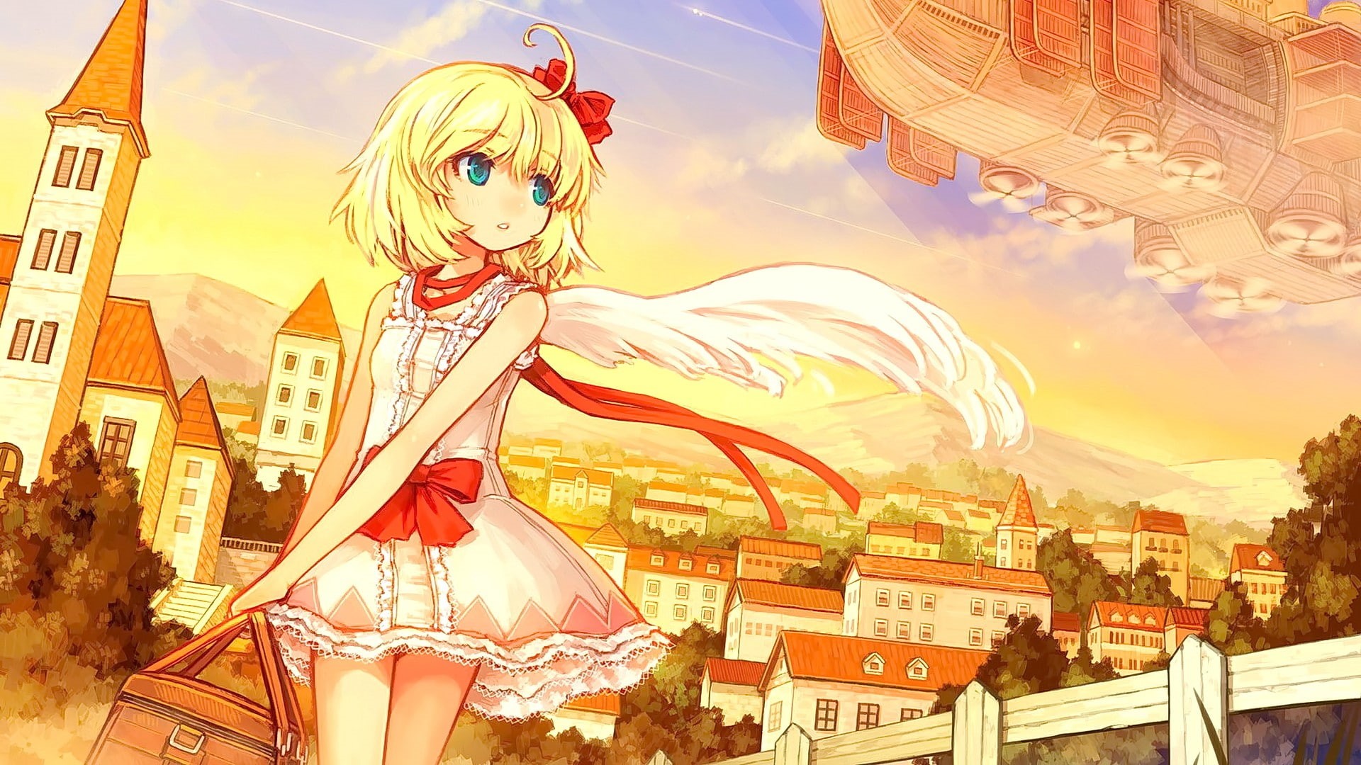 one person, city, anime girls, built structure, art and craft, outdoors, adult, arts culture and entertainment, architecture, airships, representation, HD Wallpaper