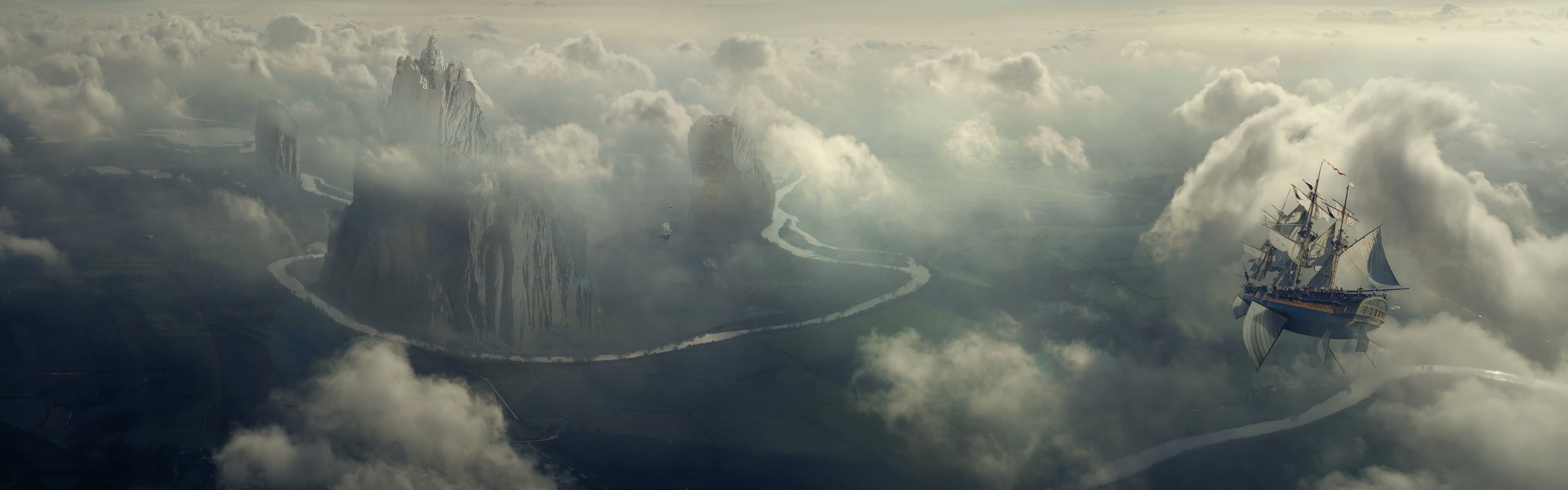 floating, panoramic, smoke - physical structure, land, animal, ship, island, sky, The Island, anime, aerial view, dual monitors, 4K, landscape, sailing, HD Wallpaper