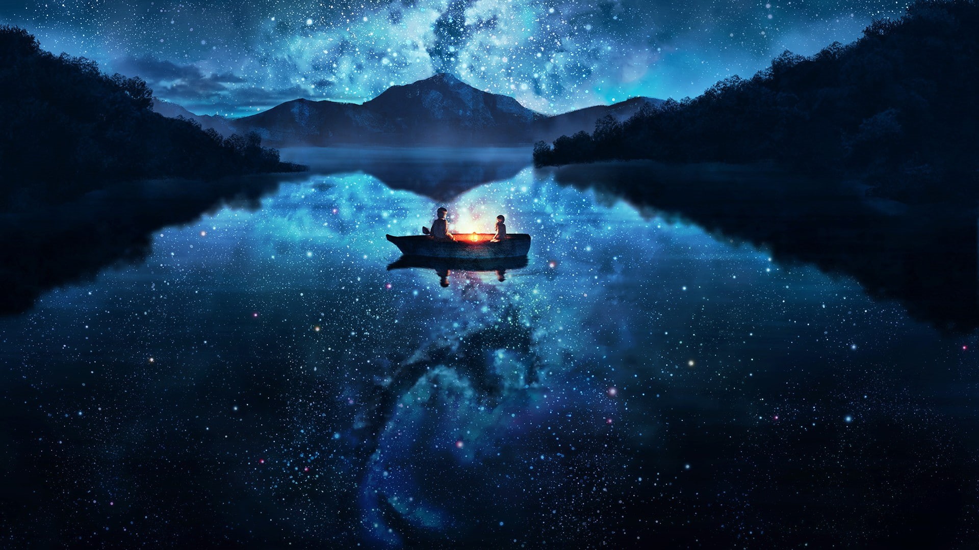 Milky Way, night, reflection, blue smoke, lamp, stars, mountains, blue, space, boat, lake, 1080P, dark, forest, HD Wallpaper