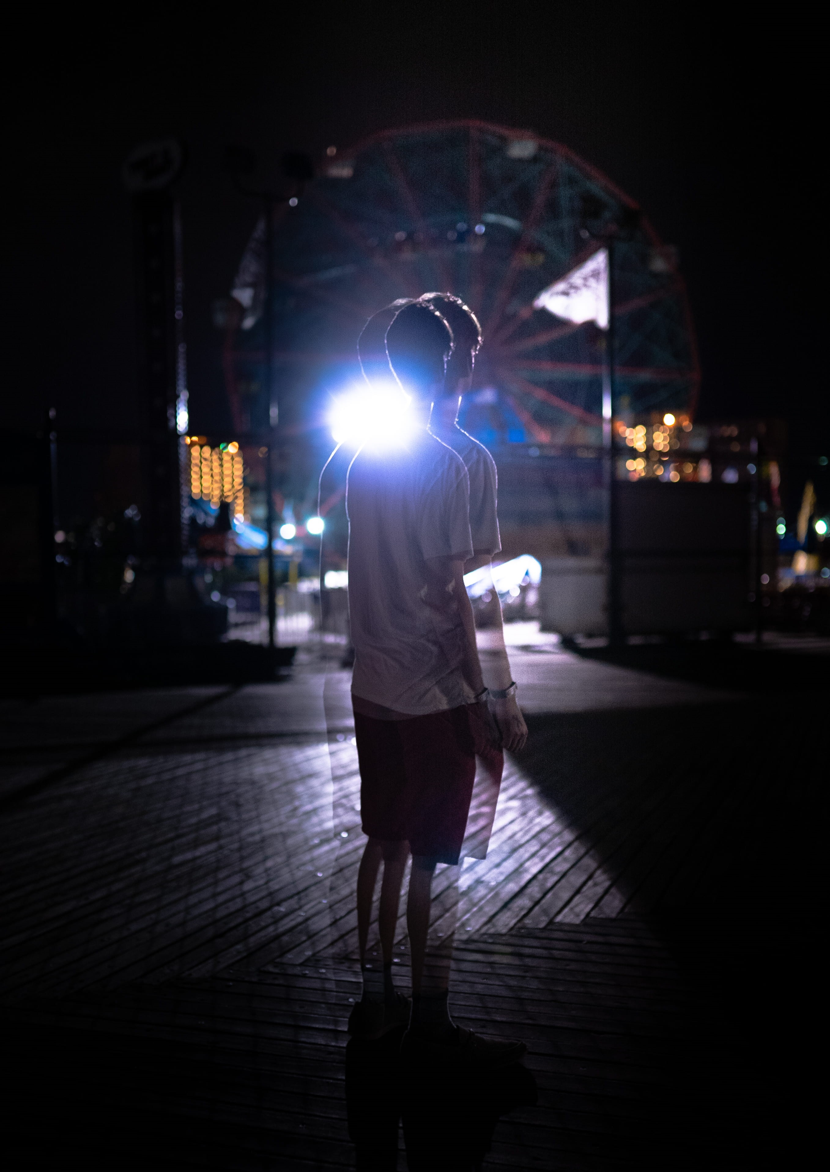 street, hd photo, person, illuminated, wheel, movement, blur, motion, neon light, long exposure, stage, architecture, urban, nightlife, standing, rear view, Phone HD Wallpaper