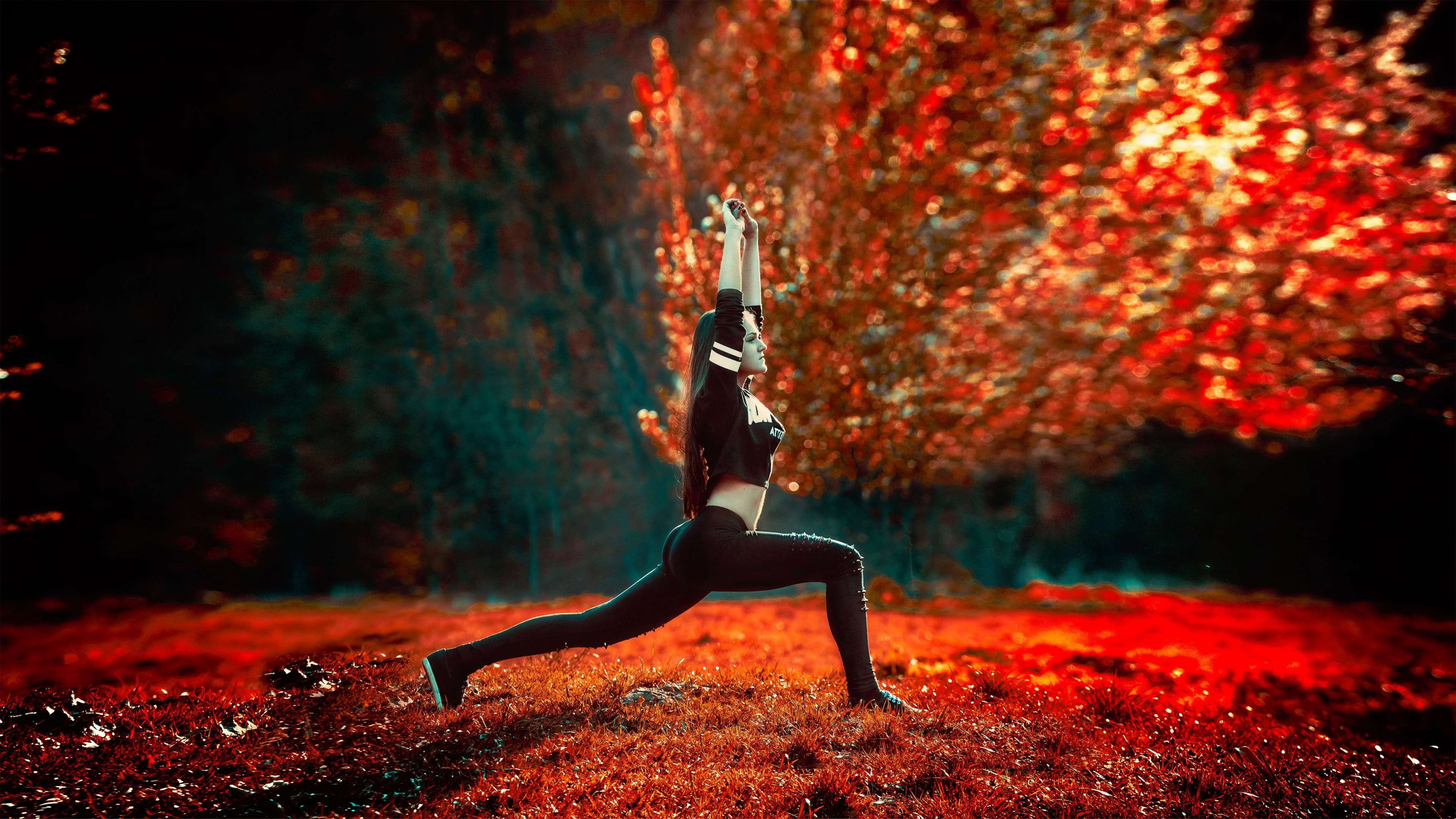 beautiful woman, wood, 4K, plant, hairstyle, nature, meditation, young women, sports, clothing, exercise, people, leaves, fall, land, forest, adult, full length, HD Wallpaper