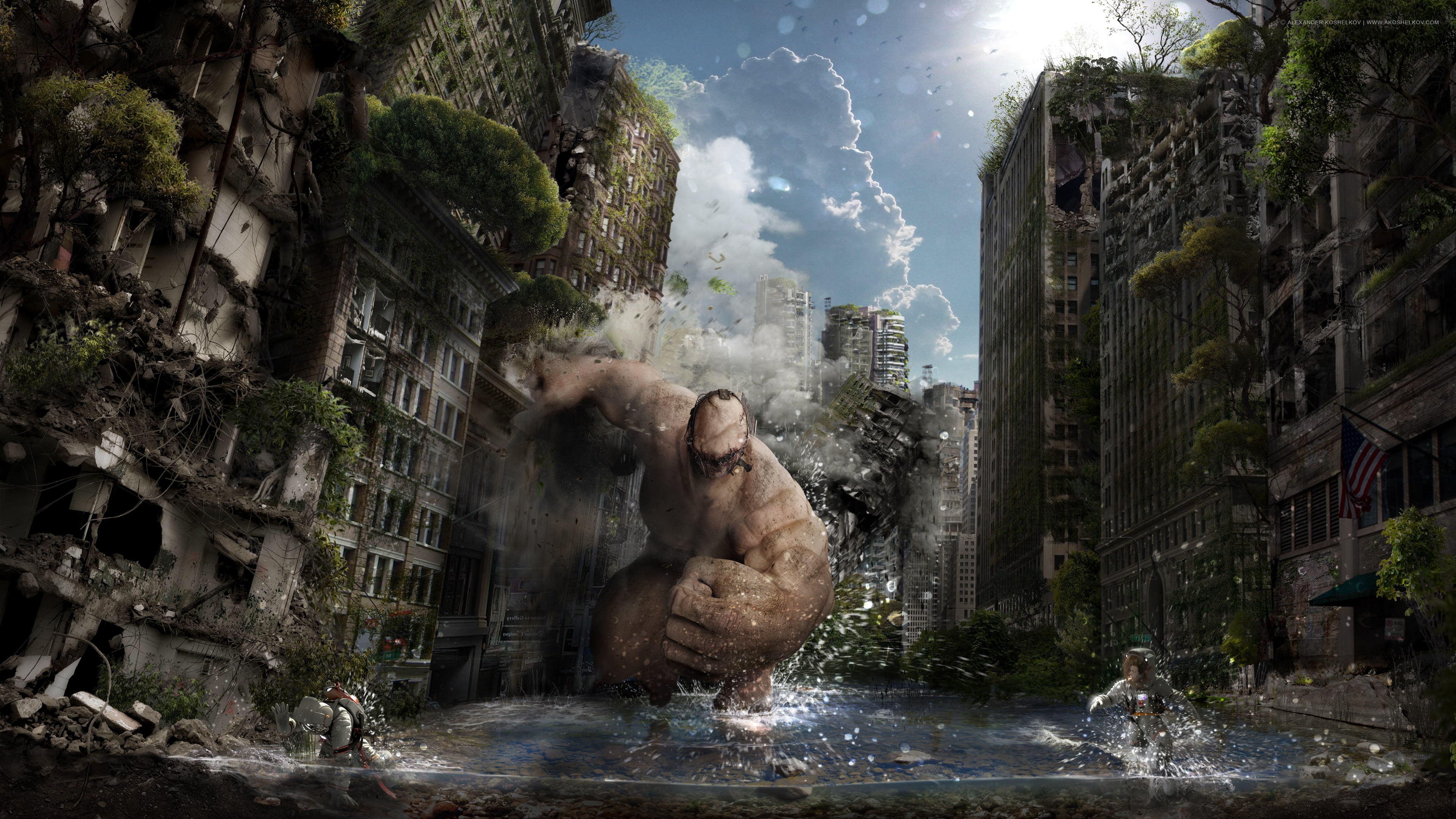 outdoors, water, giant, nature, travel destinations, statue, apocalyptic, 4K, building, human representation, fantasy art, plant, ruin, artwork, male likeness, HD Wallpaper
