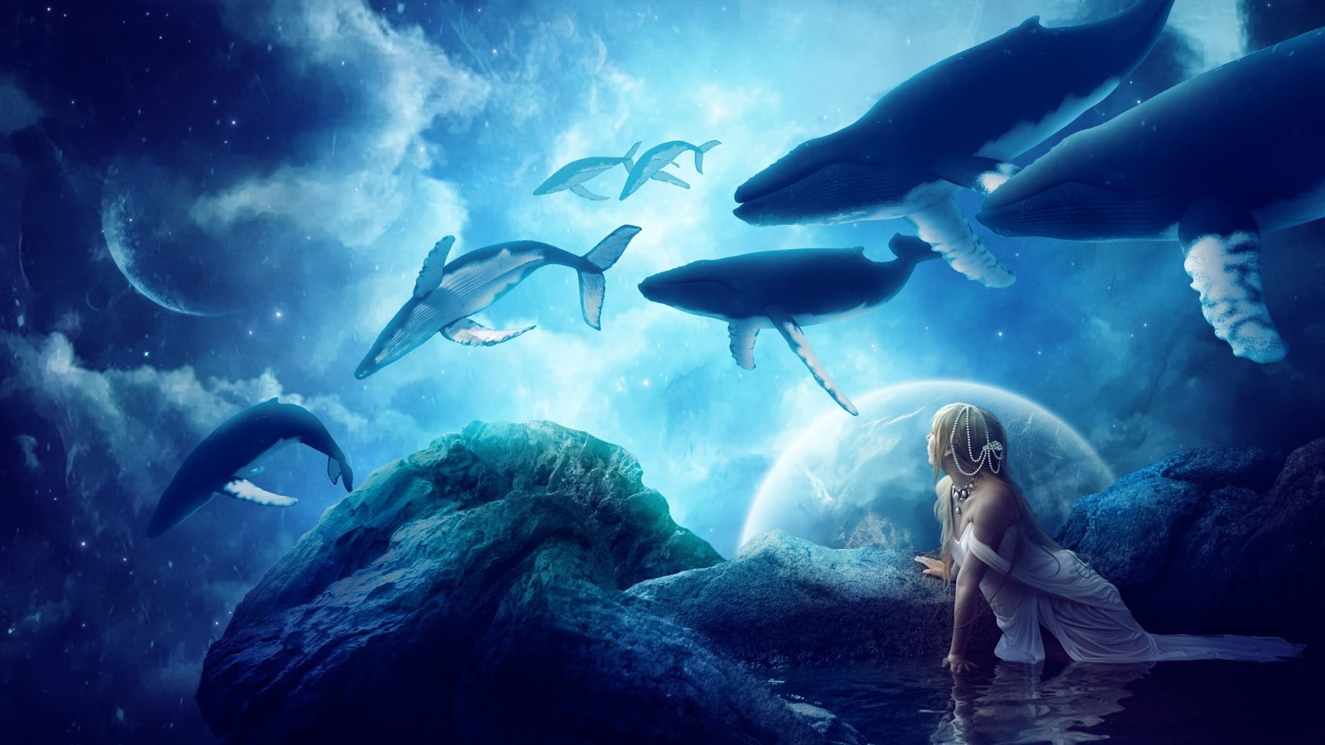 underwater, animal wildlife, fantasy art, 1080P, sea life, fish, clouds, watching, nature, water, animals in captivity, whales, animals, undersea, artwork, HD Wallpaper