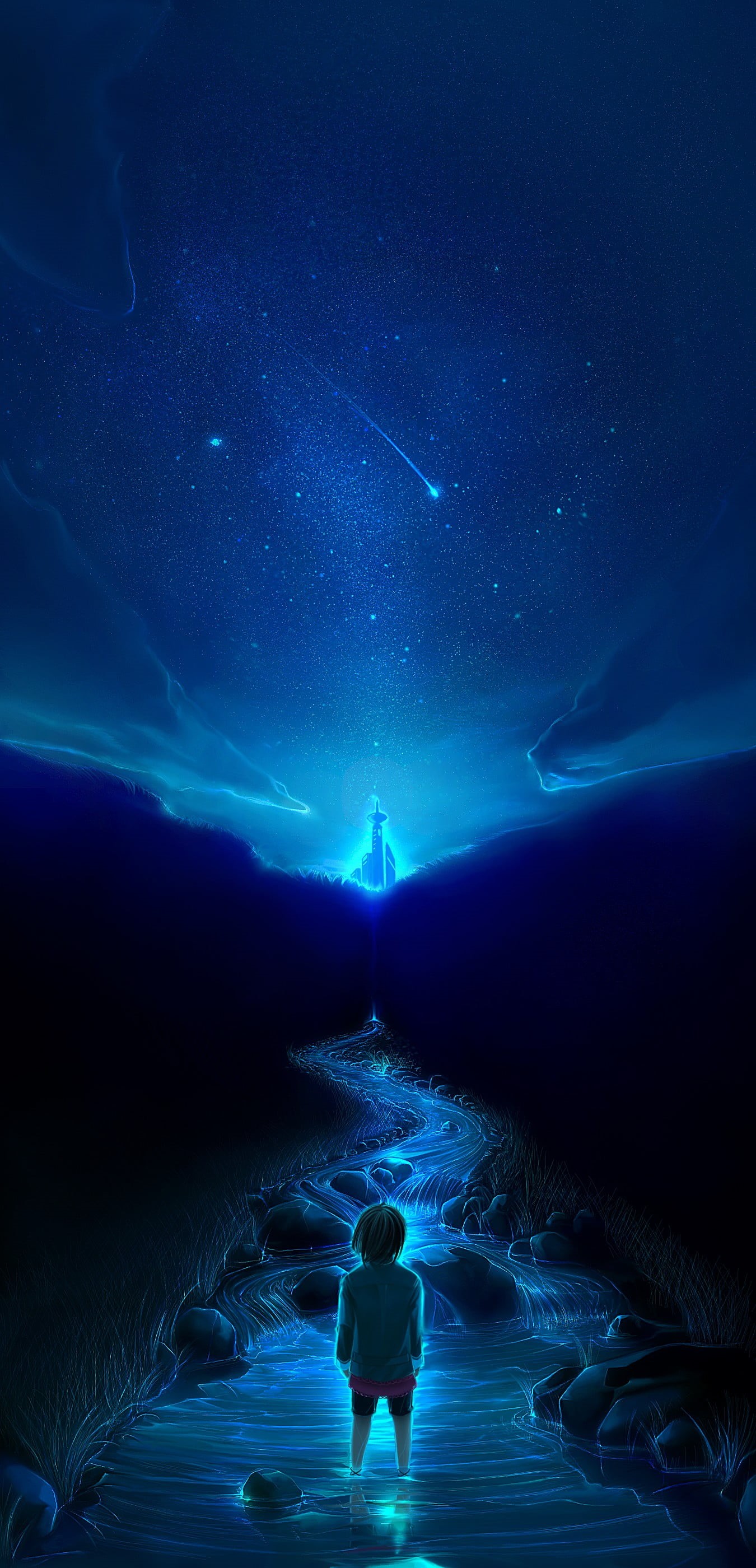 star - space, astronomy, galaxy, fantasy art, illuminated, water, one person, space, full length, sky, ice, travel destinations, 2K, cold temperature, Phone HD Wallpaper