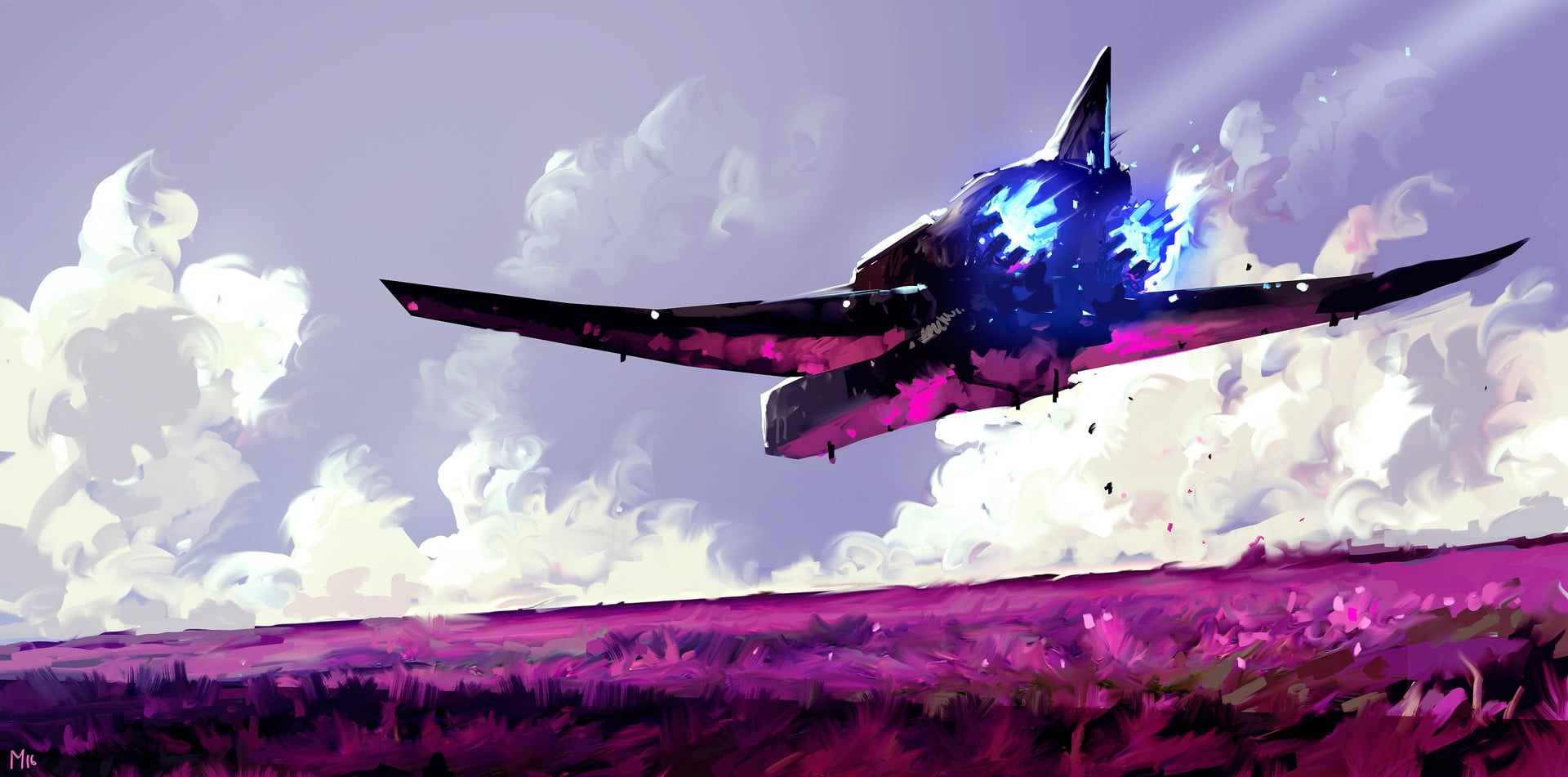 airplane, digital art, mode of transportation, plane, nature, field, no people, environment, colorful, 1080P, transportation, Dominik Mayer, clouds, vehicle, HD Wallpaper