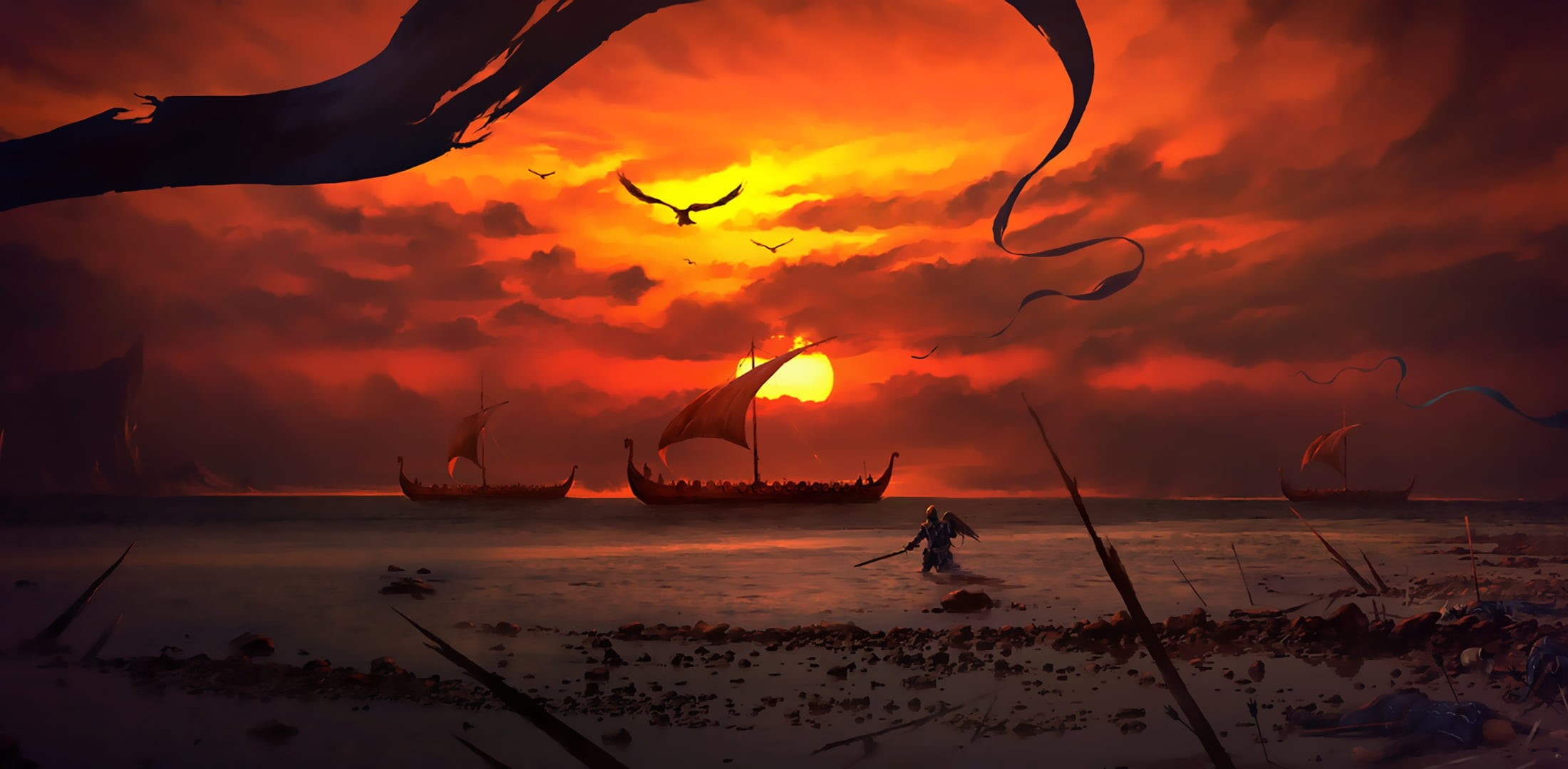 1080P, Sunset, This is a personal painting I did a while ago., Beach Battlefront, Ship, by Dominik Mayer, Ships, Warrior, Art, Concept Art, Battle, Dominik Mayer, HD Wallpaper
