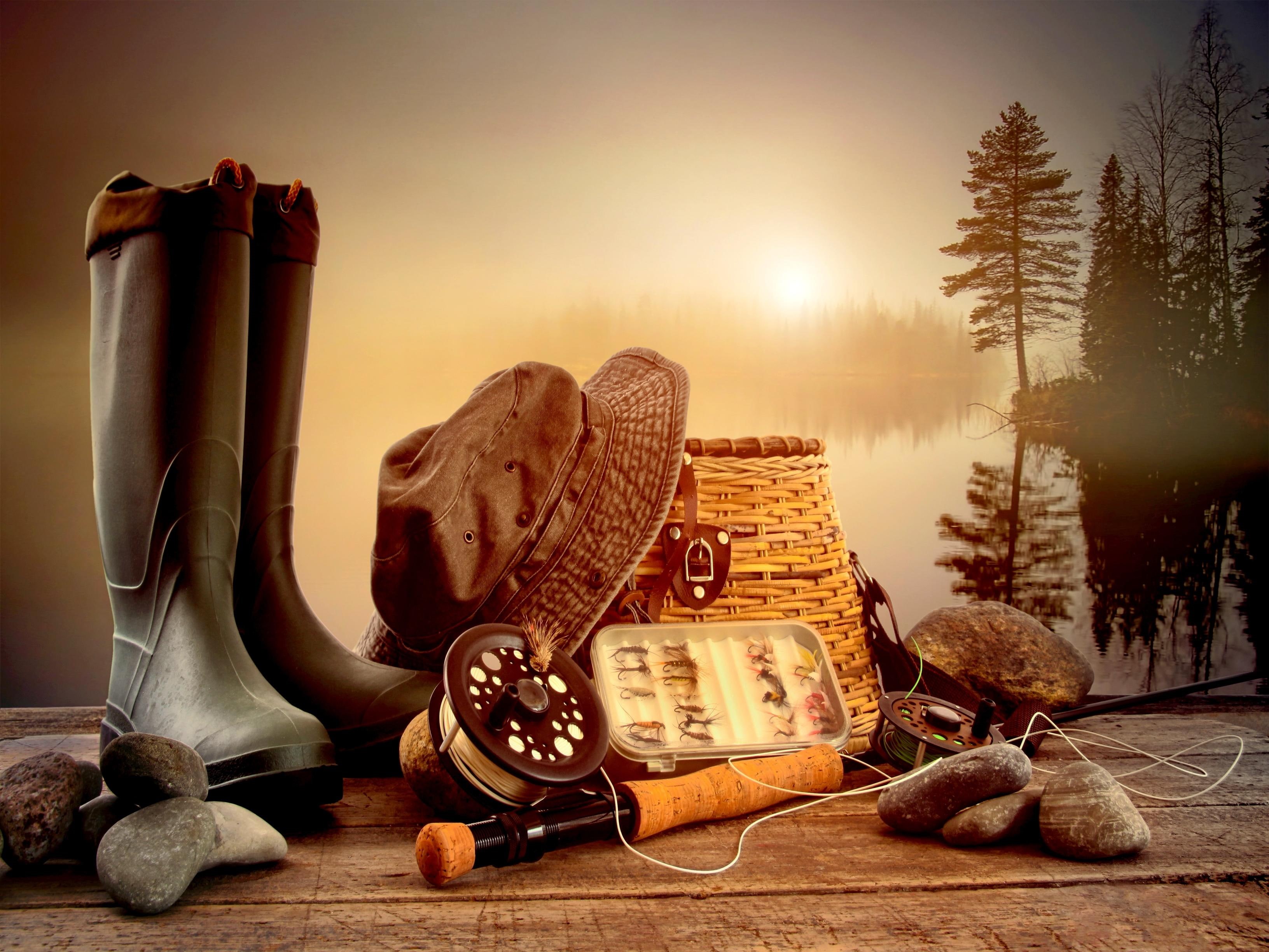 stones, bsket, fisherman, boots, lake, 2K, s, properties, fishing-rod, HD Wallpaper