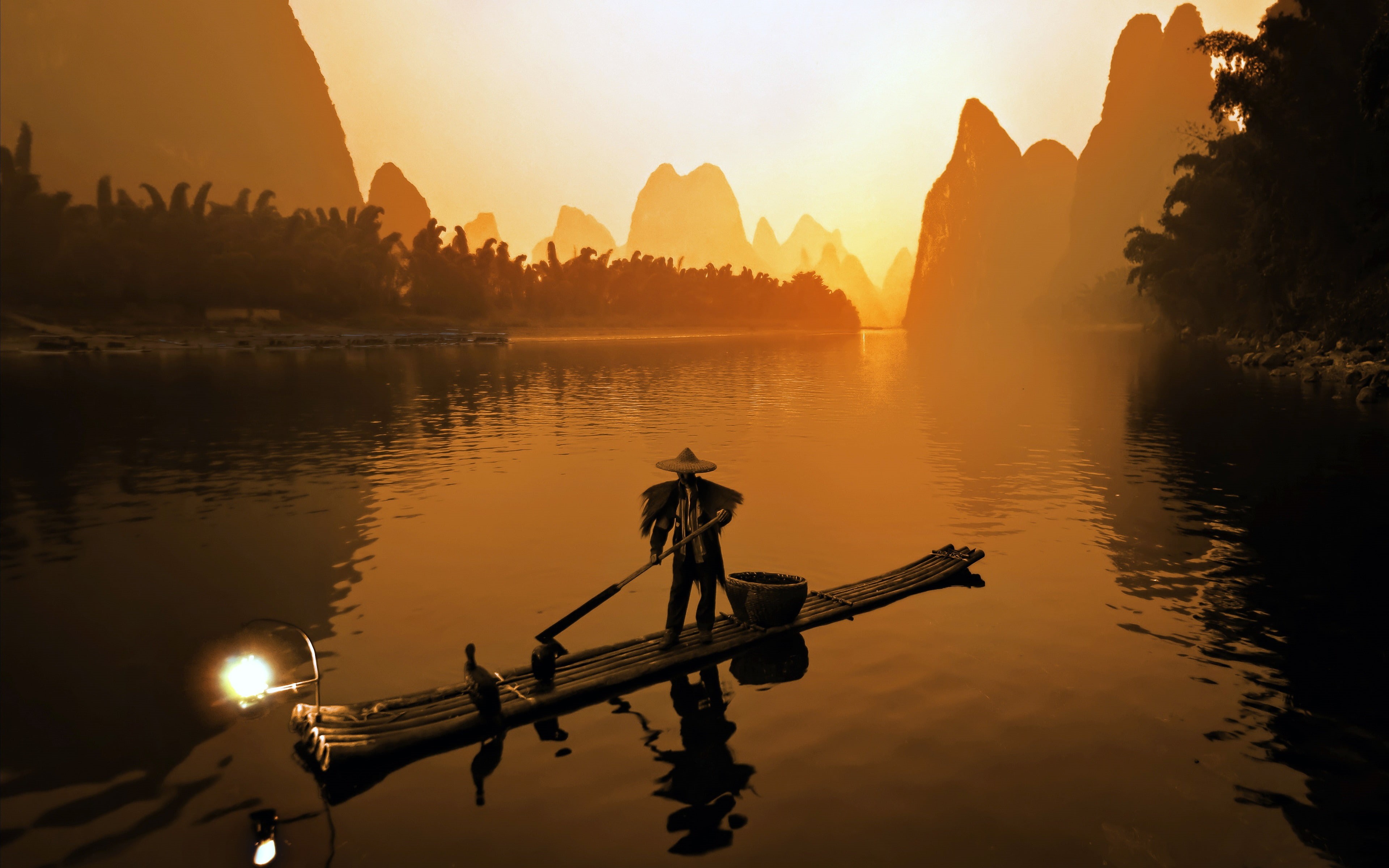 4K, sunlight, guilin, tranquility, sun, beauty in nature, silhouette, tranquil scene, water, transportation, nature, orange color, fisherman, mode of transportation, HD Wallpaper