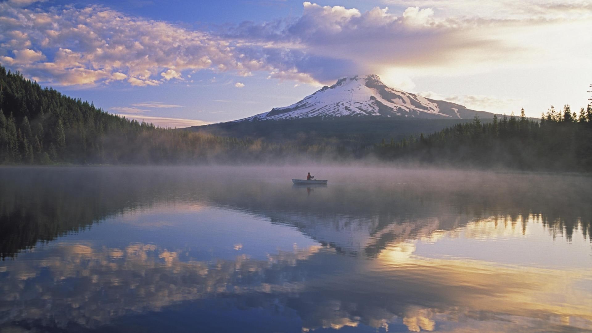 trillium, mountain, lake, boat, mount, fisherman, 1080P, hood, nature and landscapes, HD Wallpaper