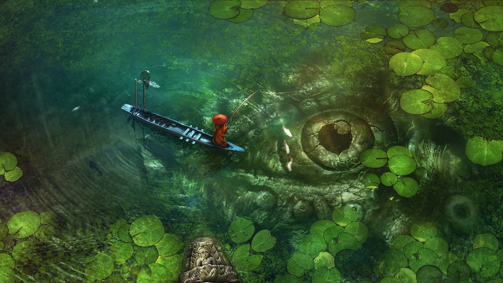 lake, boat, 1080P, fish, fishing, fantasy art, fisherman, HD Wallpaper