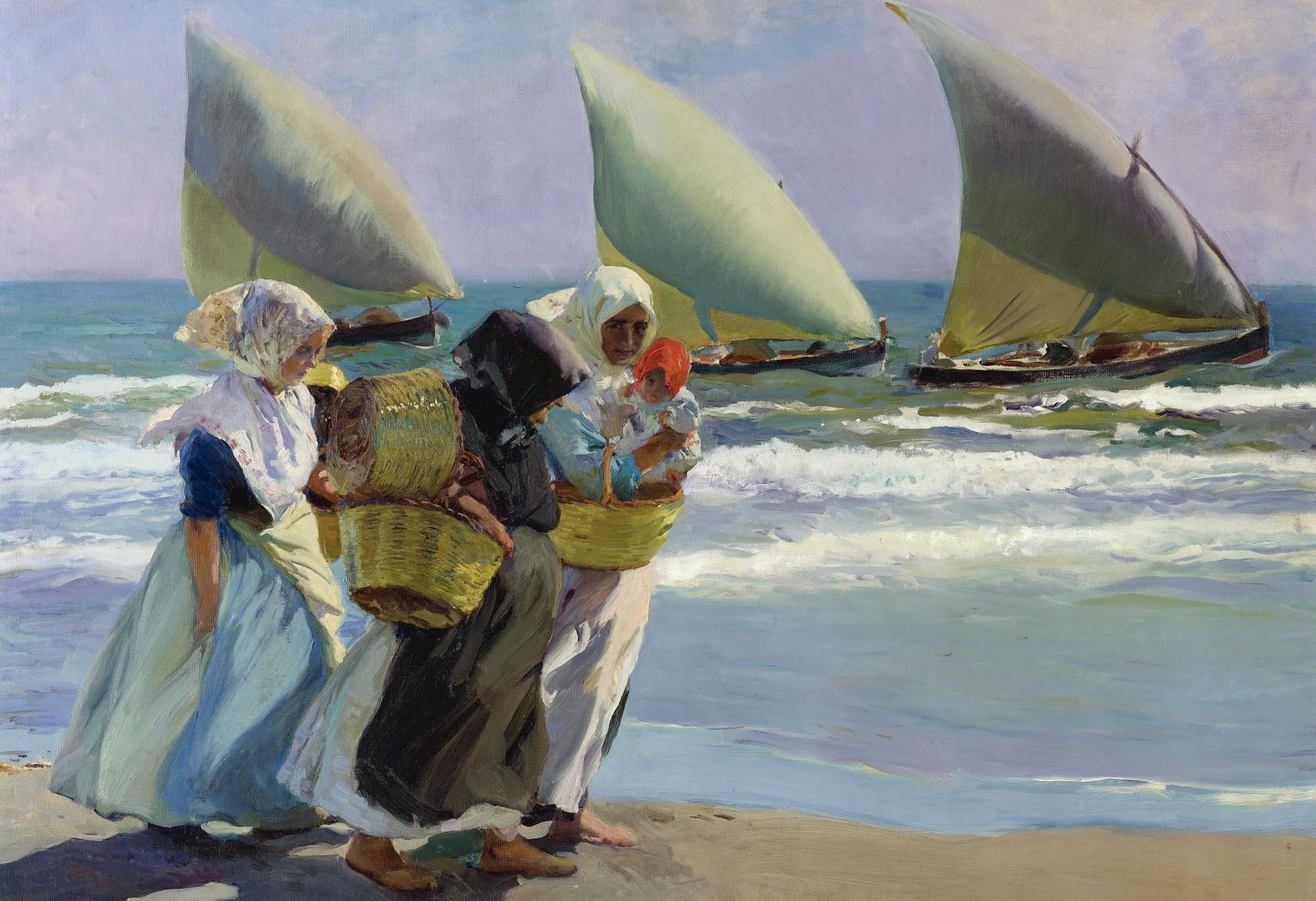 sail, boat, shore, 1080P, Joaquin Sorolla, picture, women, Three Sails, seascape, genre, HD Wallpaper