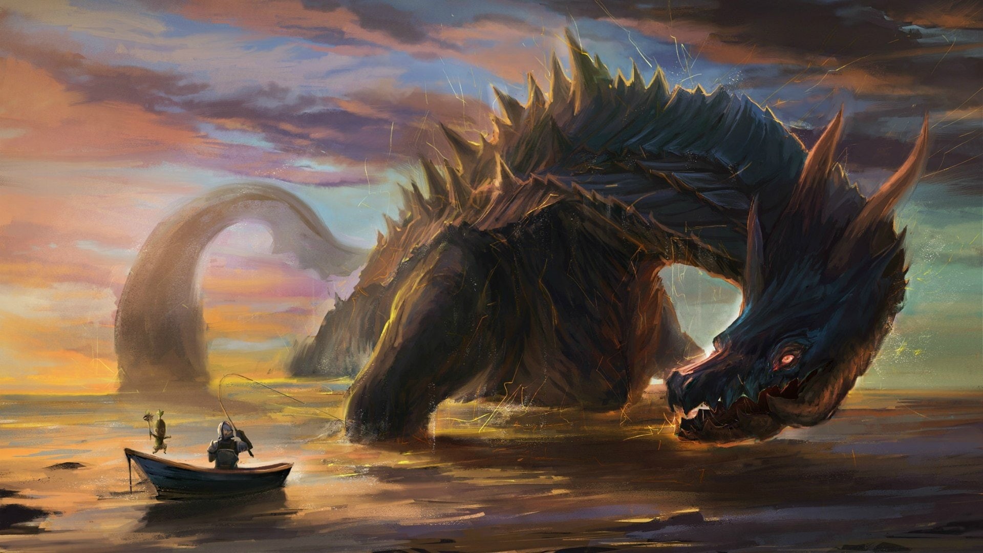 men, Gentleman, Pacific Ocean, boat, Monster Hunter, digital art, dragon, knight, 1080P, clouds, fisherman, fantasy Art, HD Wallpaper