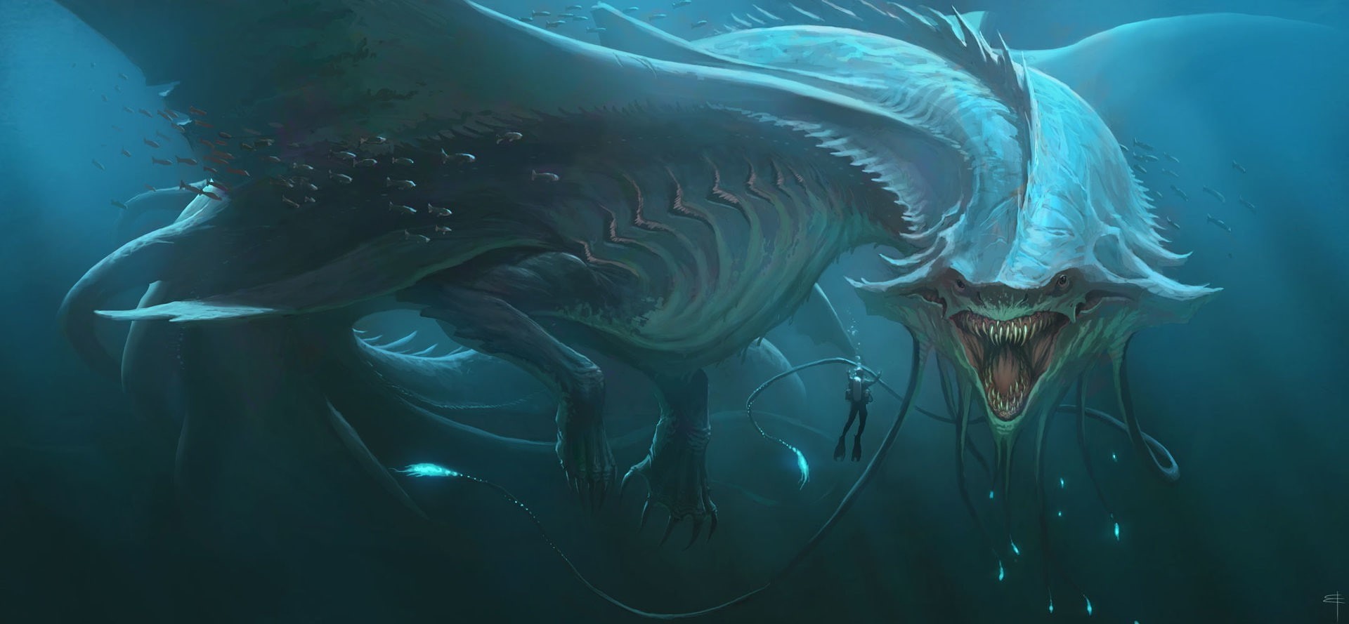 1080P, digital art fantasy art creature sea monsters underwater sea men divers fangs bubbles tail fish, HD Wallpaper