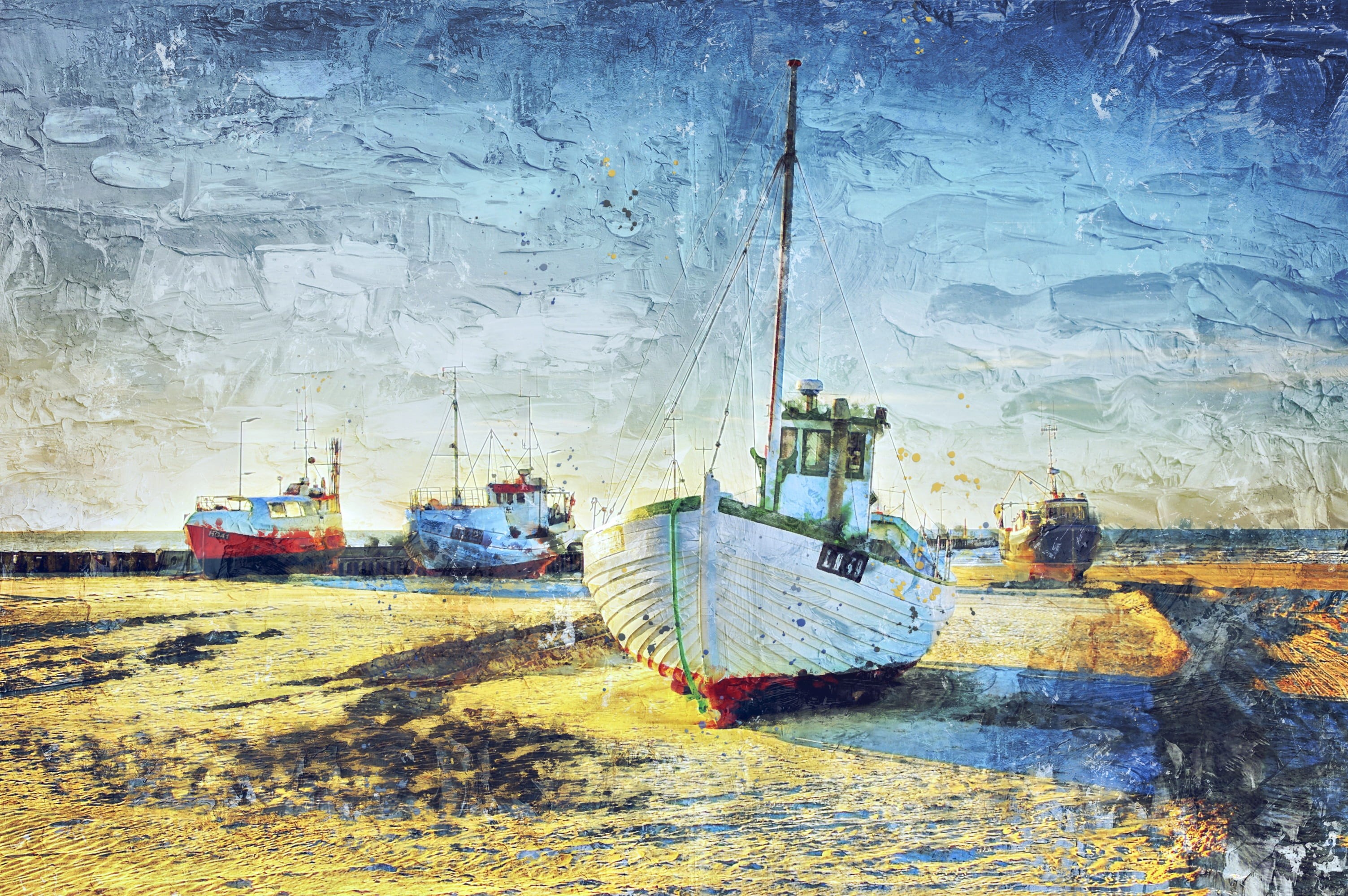 fishing, digital manipulation, waterfront, maritime, no people, sun, fish, damaged, water, fischer, photo art, sail, clouds, ocean, transportation, environment, HD Wallpaper
