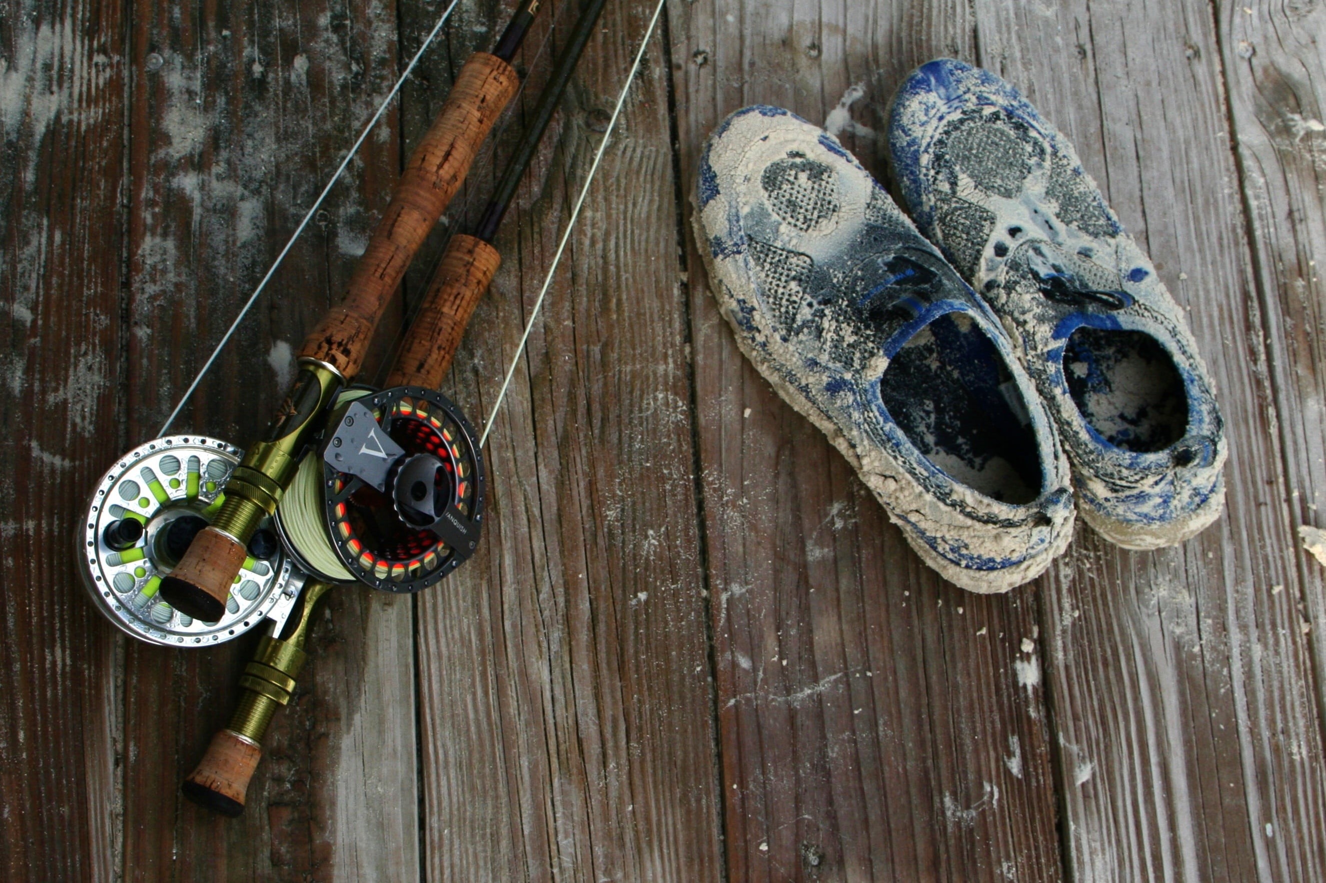 vacation, container, rod, fly fishing, activity, angling, personal accessory, fishing Hook, wading, fly, equipment, wood - Material, hobbies, blue, sneakers, HD Wallpaper