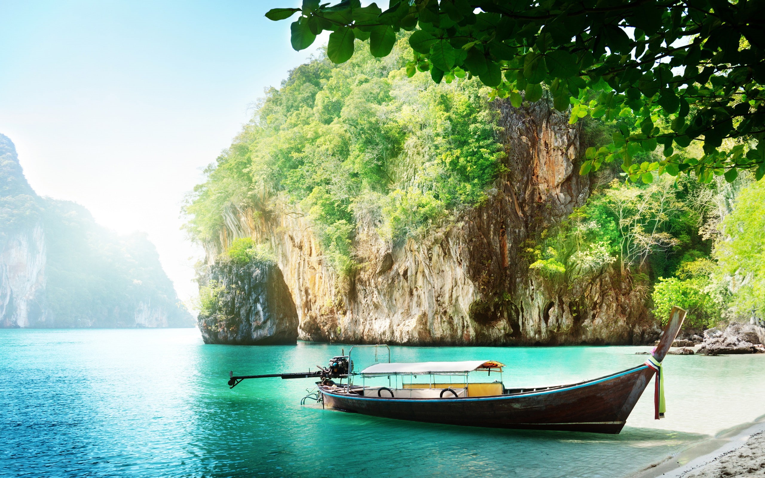 brown, canoe, sun, sky, Thailand, island, Sea, boat, Phuket, 2K, HD Wallpaper