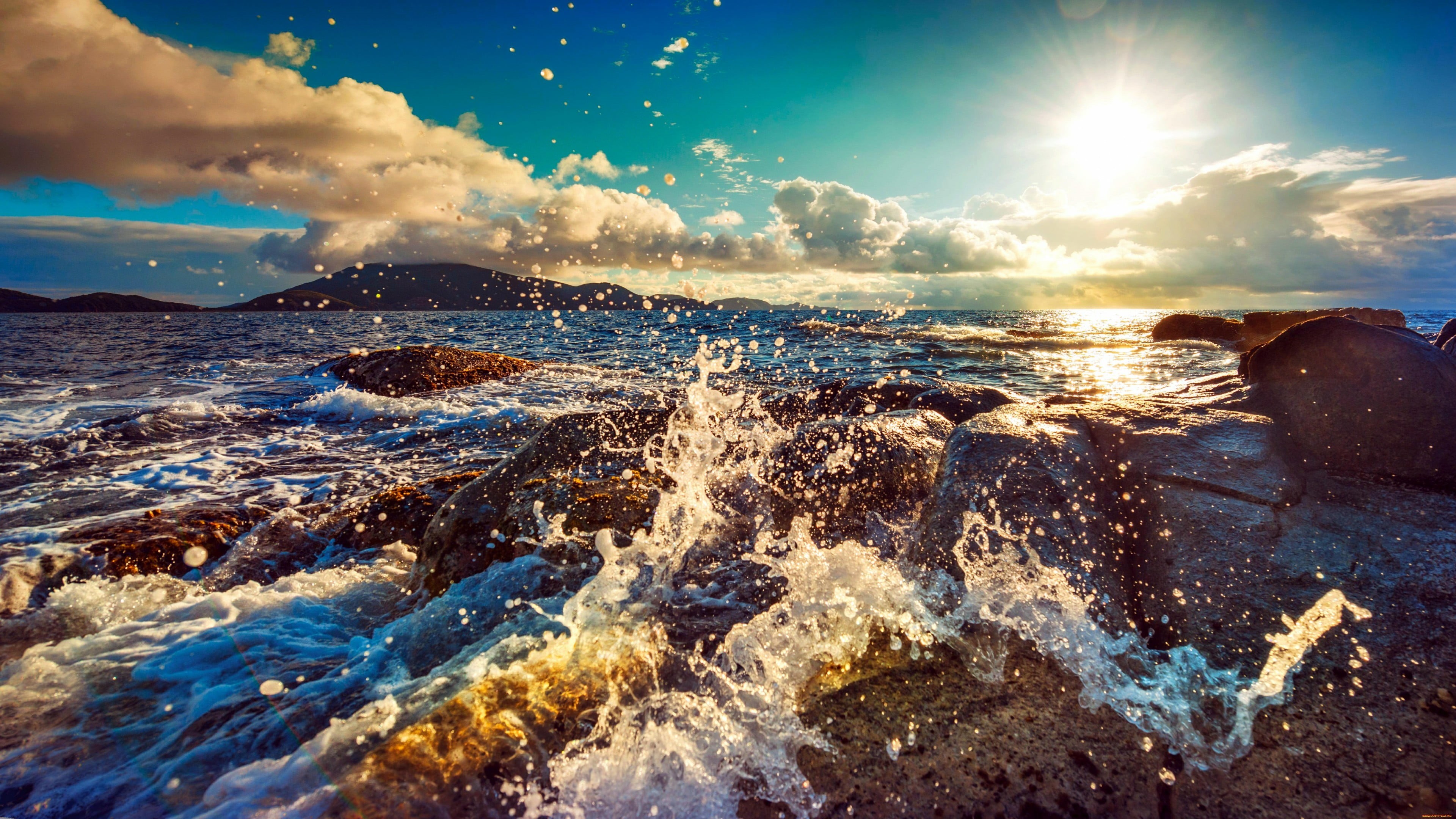 solid, shore, sea, ocean, cloud - sky, no people, horizon, lens flare, cloud, foam, coast, day, tranquil scene, 4K, drops, beauty in nature, motion, daytime, HD Wallpaper