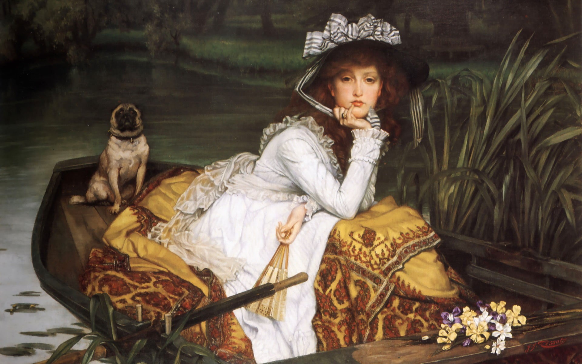 portrait, looking, 1080P, nature, painting, hat, water, sitting, plant, innocence, flower, artwork, looking away, day, traditional clothing, three quarter length, HD Wallpaper