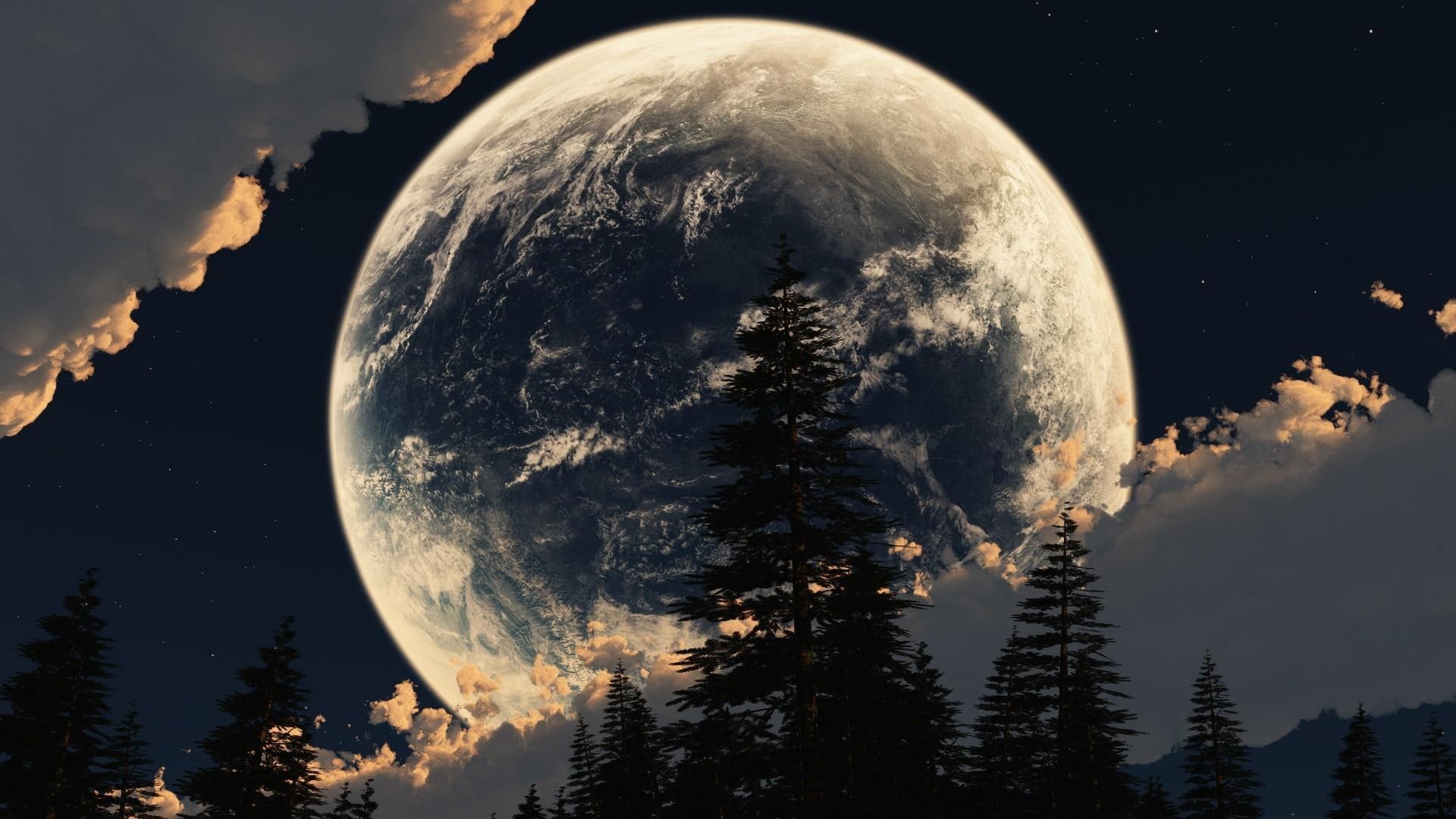 space, fir, photoshop, pines, silhouette, 1080P, moon, cloudy, full moon, night sky, HD Wallpaper