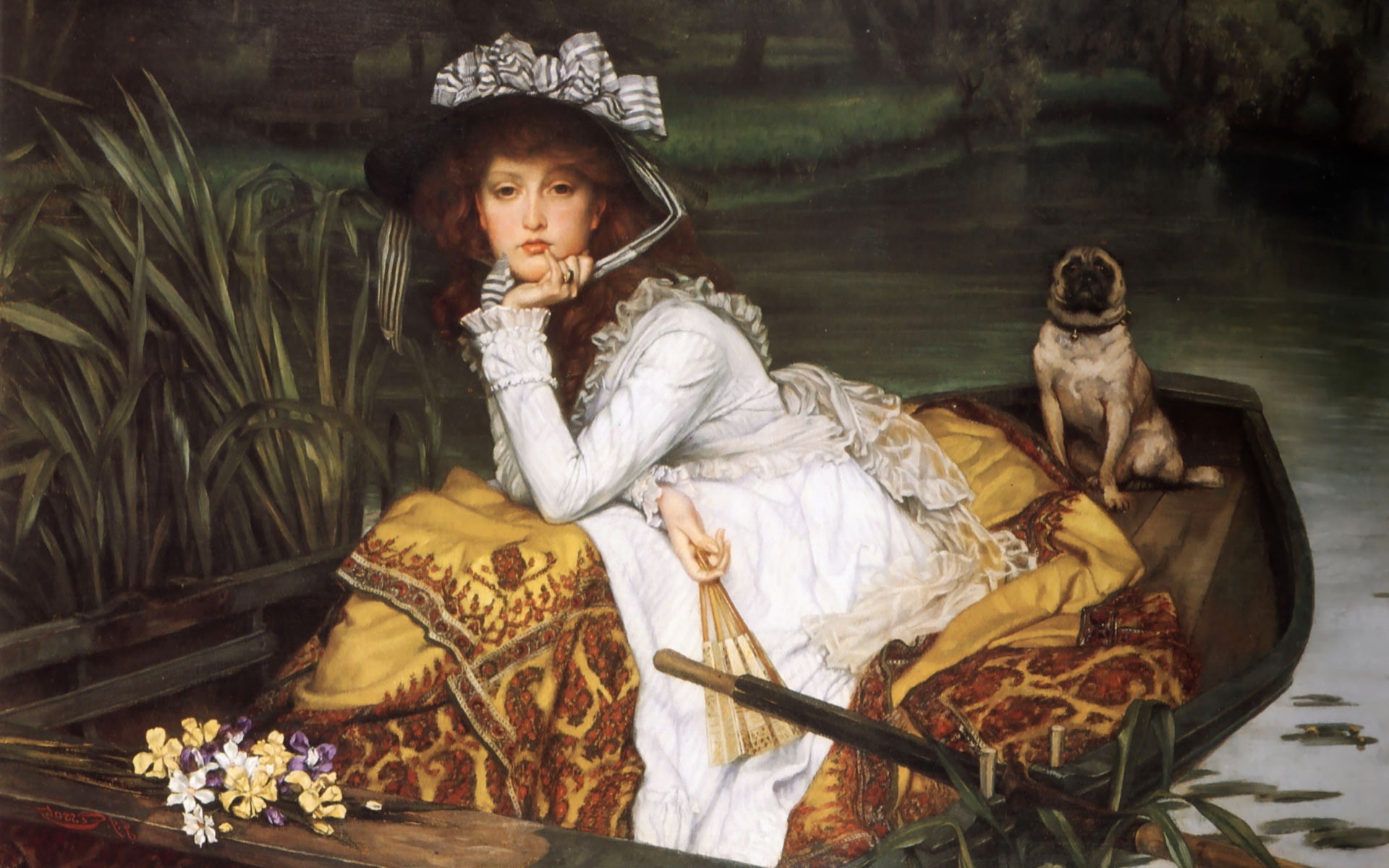 women, james tissot, dog, 1080P, boat, painting, artwork, Classic Art, HD Wallpaper