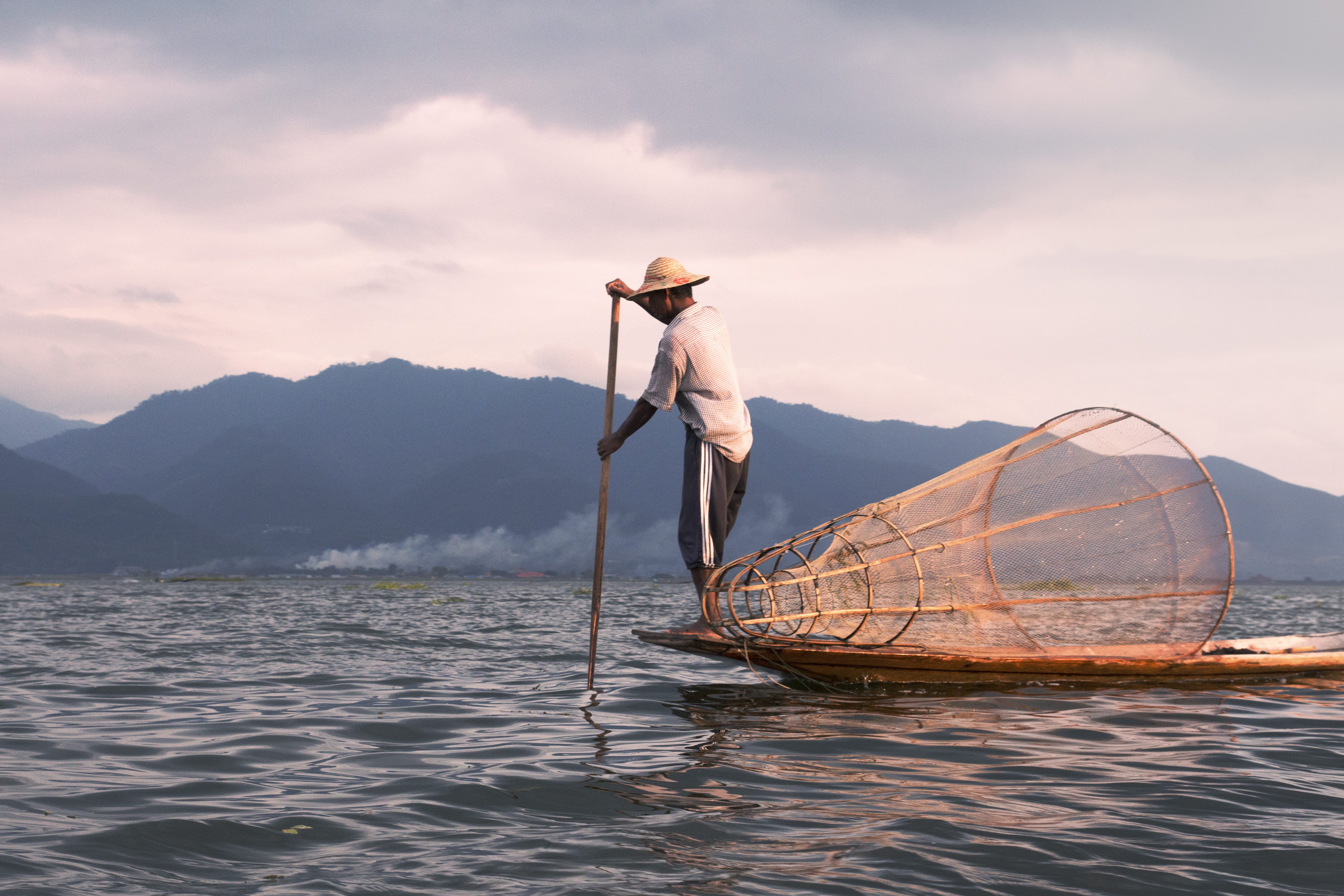 lake, person, commercial Fishing Net, cage, vietnam, sunset, using, burma, fishing Industry, traditional, china - East Asia, vietnamese Culture, river, HD Wallpaper