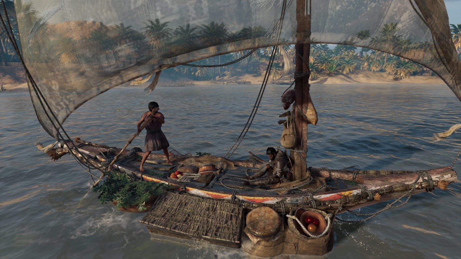 beach, video games, Assassins Creed, beauty in nature, rope, transportation, outdoors, nature, 1080P, one person, fisherman, tree, Assassins creed Origins, HD Wallpaper