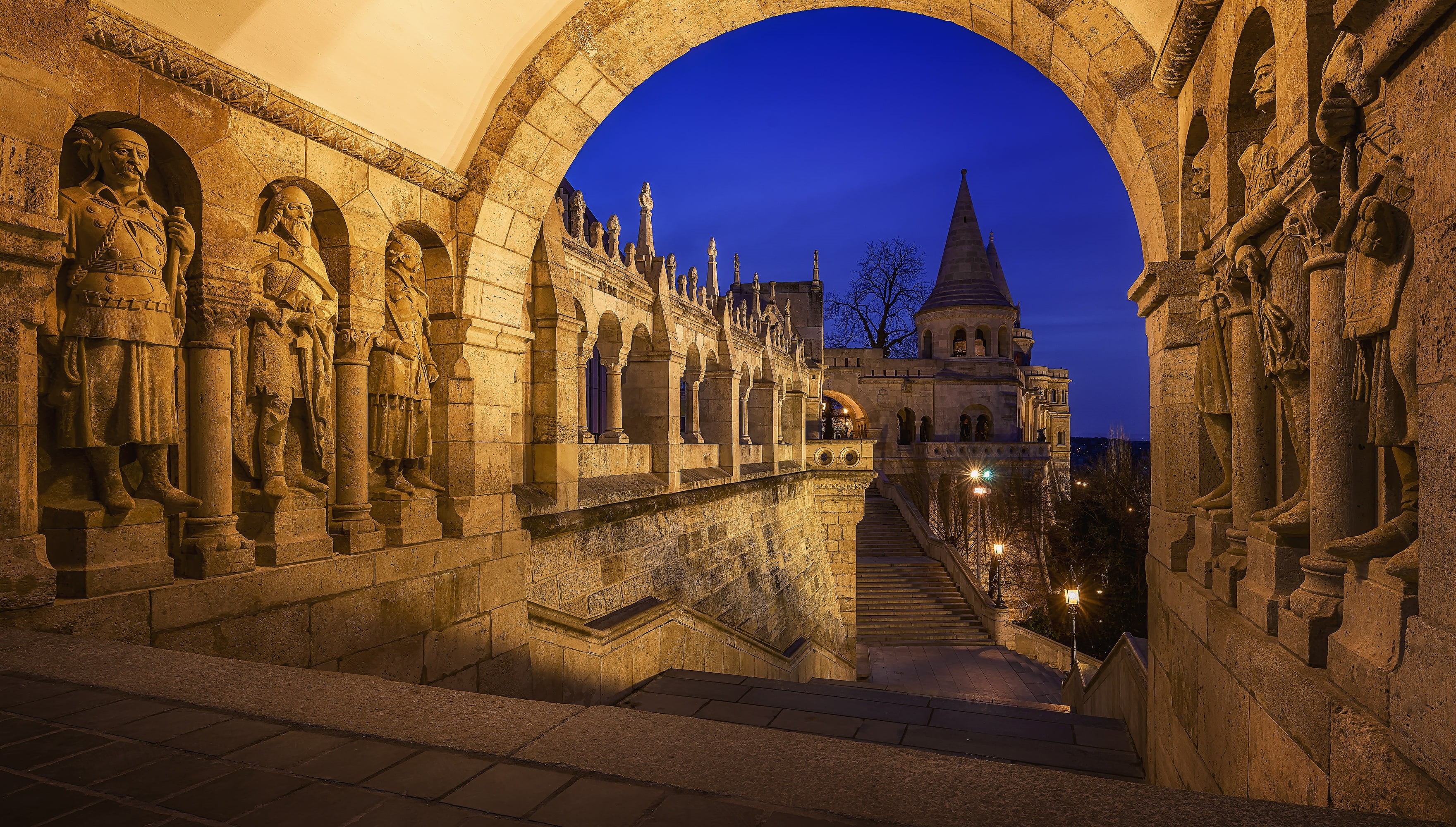 2K, construction, lights, architecture, the city, stage, the evening, the architectural complex, reliefs, Hungary, Budapest, ladder, the sky, sculpture, HD Wallpaper