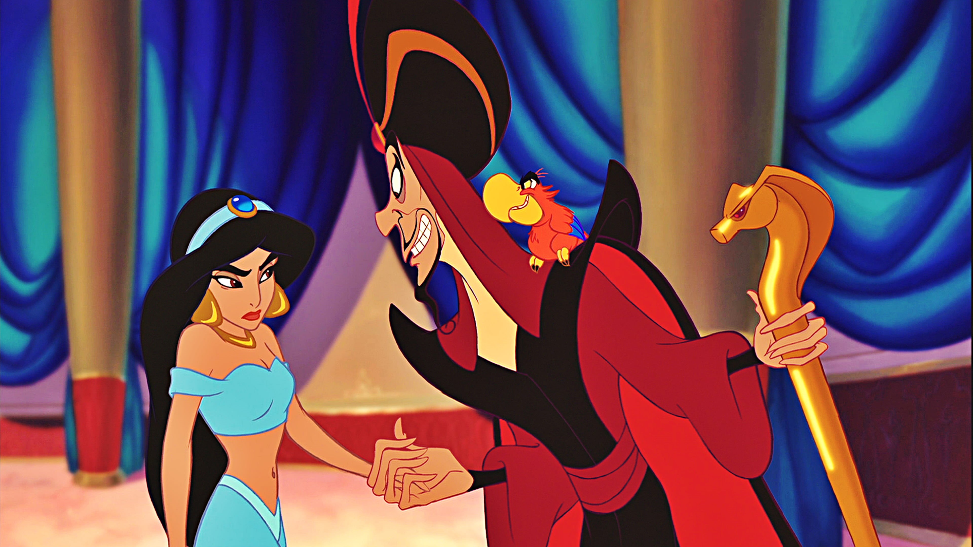 aladdin, 4K, women, stage costume, cartoon, arms raised, human arm, human representation, jafar, performance, female likeness, art and craft, focus on foreground, HD Wallpaper