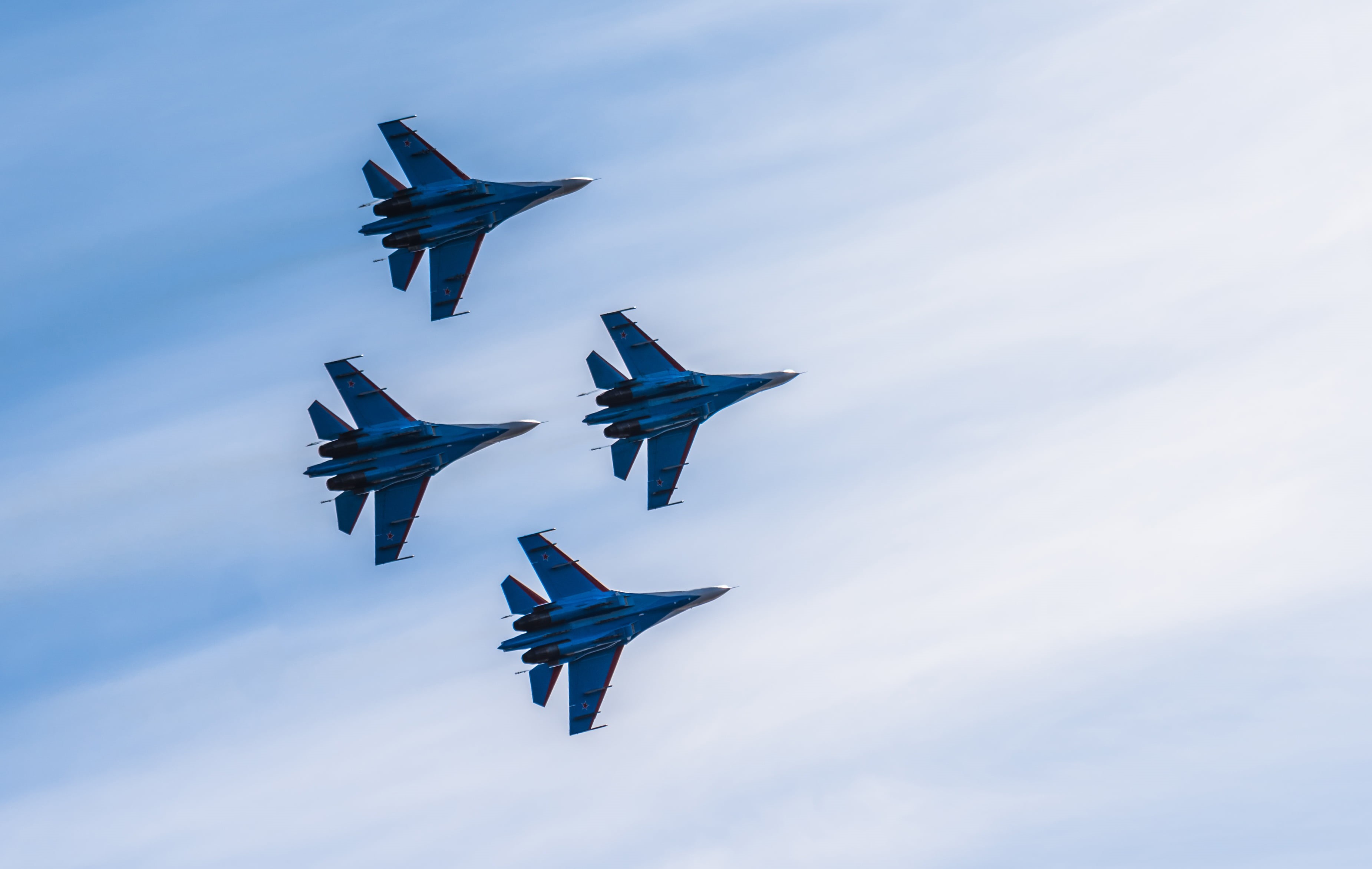 Dry, outdoors, 2K, BBC, OKB, jets, airshow, developer, airplane, cloud - sky, Russia., highly maneuverable, no people, four, nature, plane, link, aerobatics, HD Wallpaper
