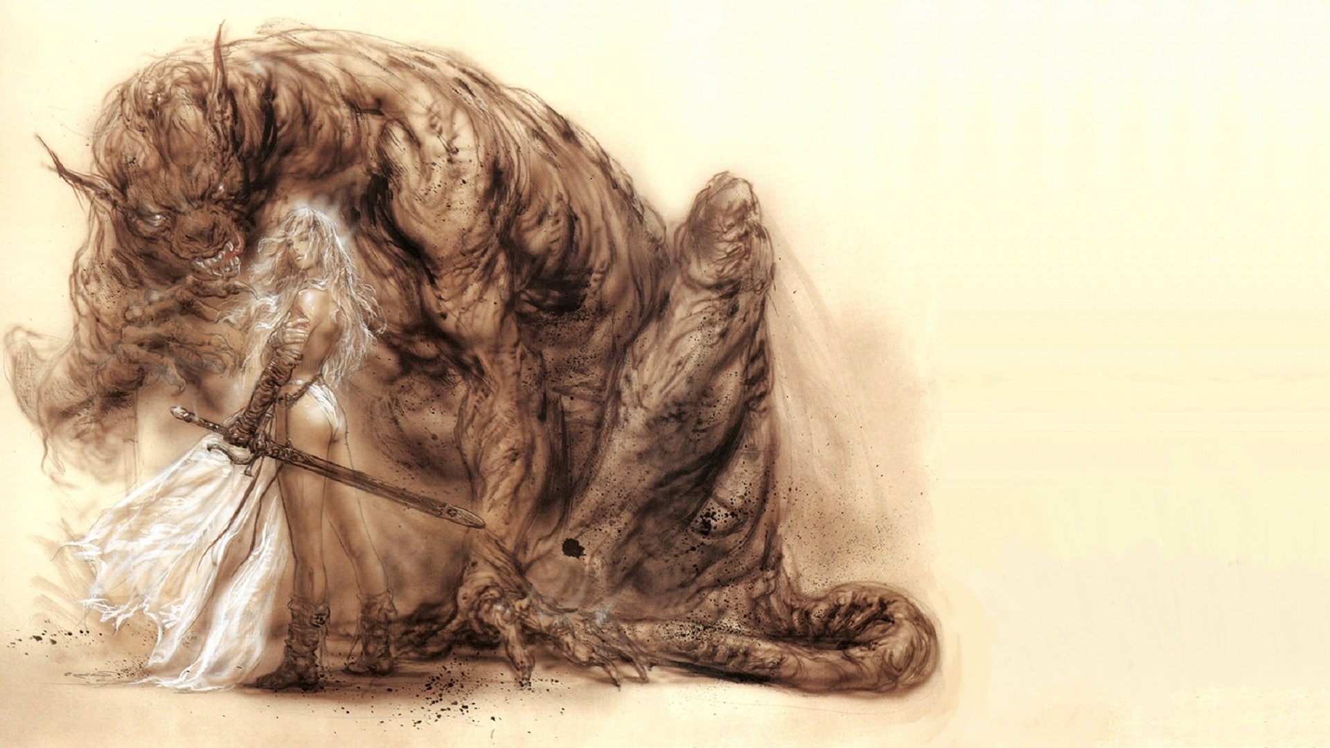 fantasy, artwork, art, hd, 1080P, luis, monsters, x, Luis Royo, women, swords, royo, HD Wallpaper