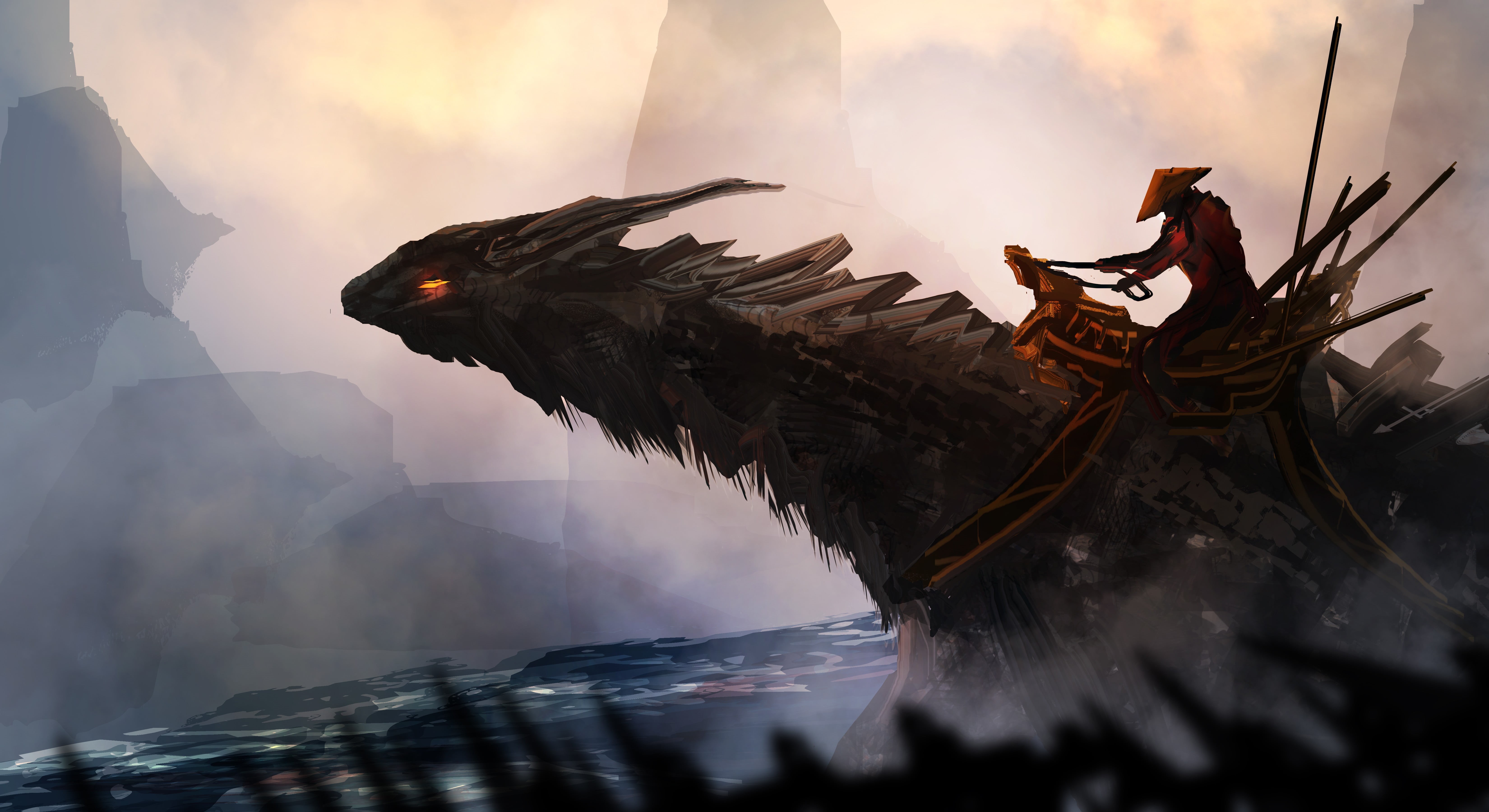 illustration, gray, samurai, dragon, fantasy art, 5K, HD Wallpaper
