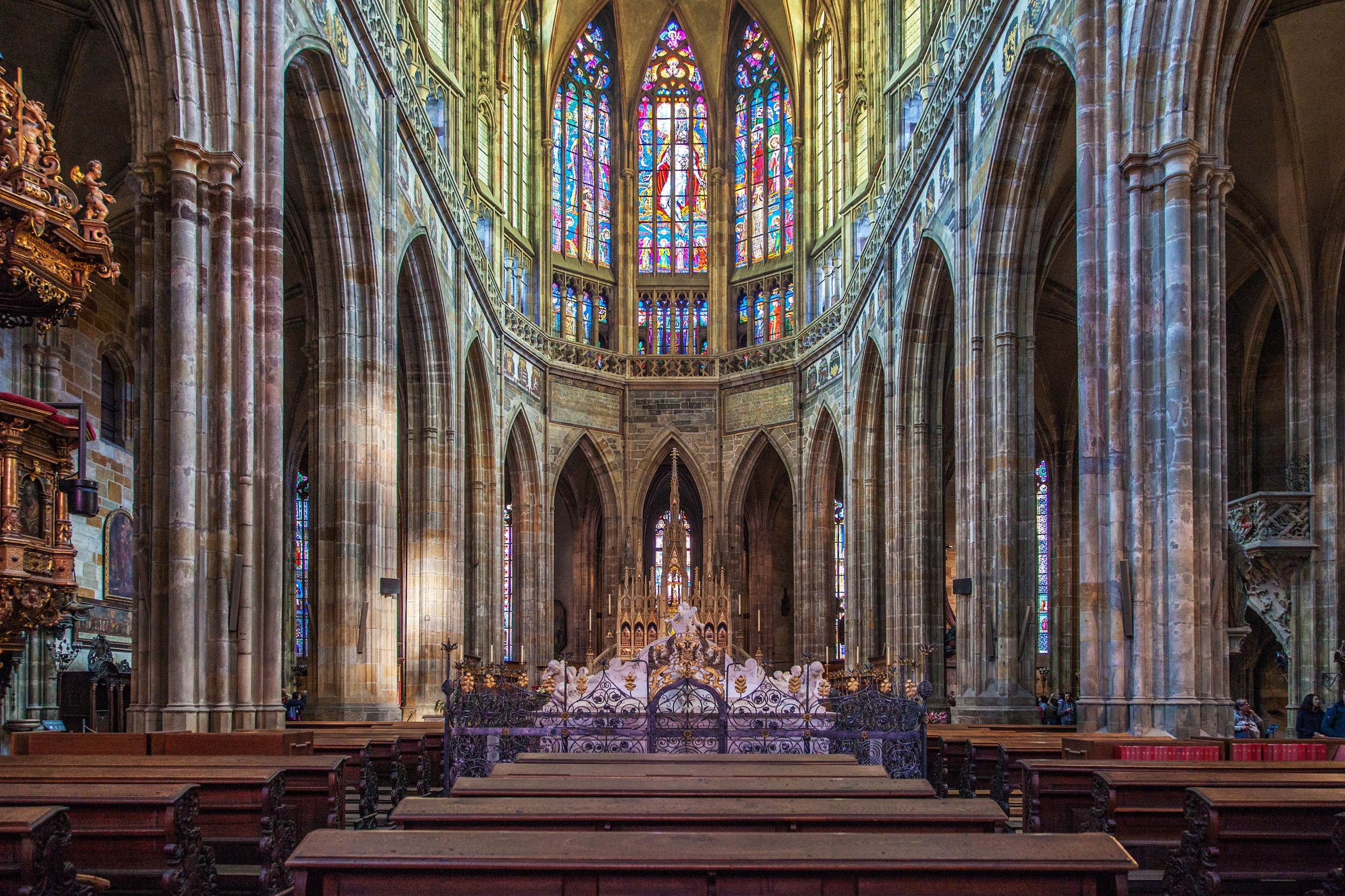 built structure, glass, st, architectural column, aisle, stained glass, the past, place of worship, religion, vitus cathedral, no people, travel destinations, HD Wallpaper