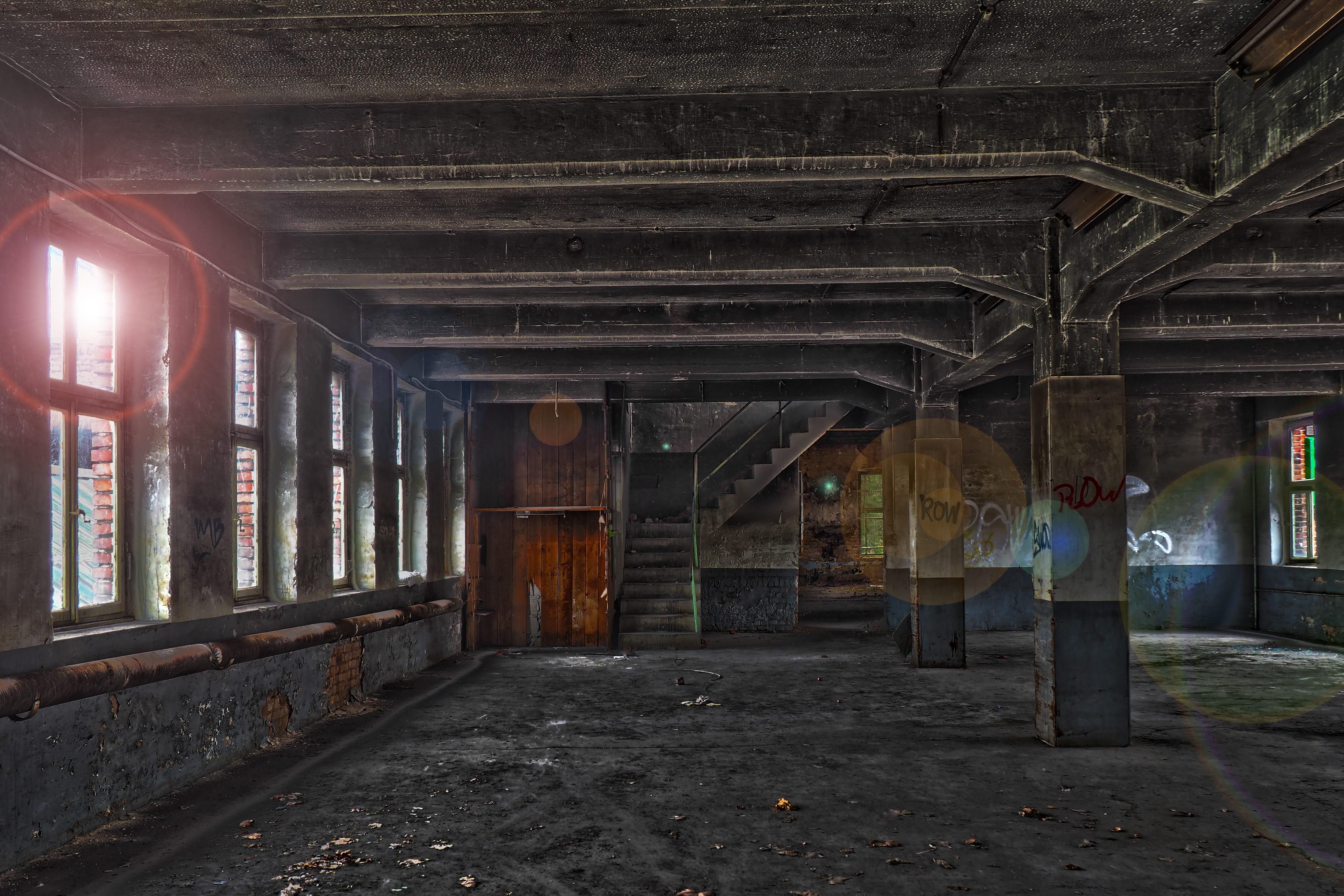 graffiti, factory building, obsolete, forget, hdr image, stairs, no people, flares, empty, abandoned, building, lost, architectural column, ruin, window, HD Wallpaper