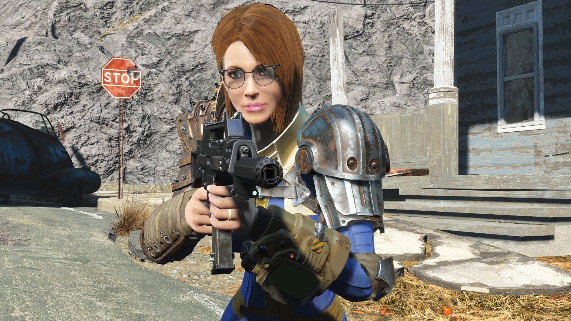 young women, weapon, aiming, holding, glasses, photography themes, 1080P, portrait, looking at camera, PC gaming, front view, rifle, young adult, Fallout, HD Wallpaper