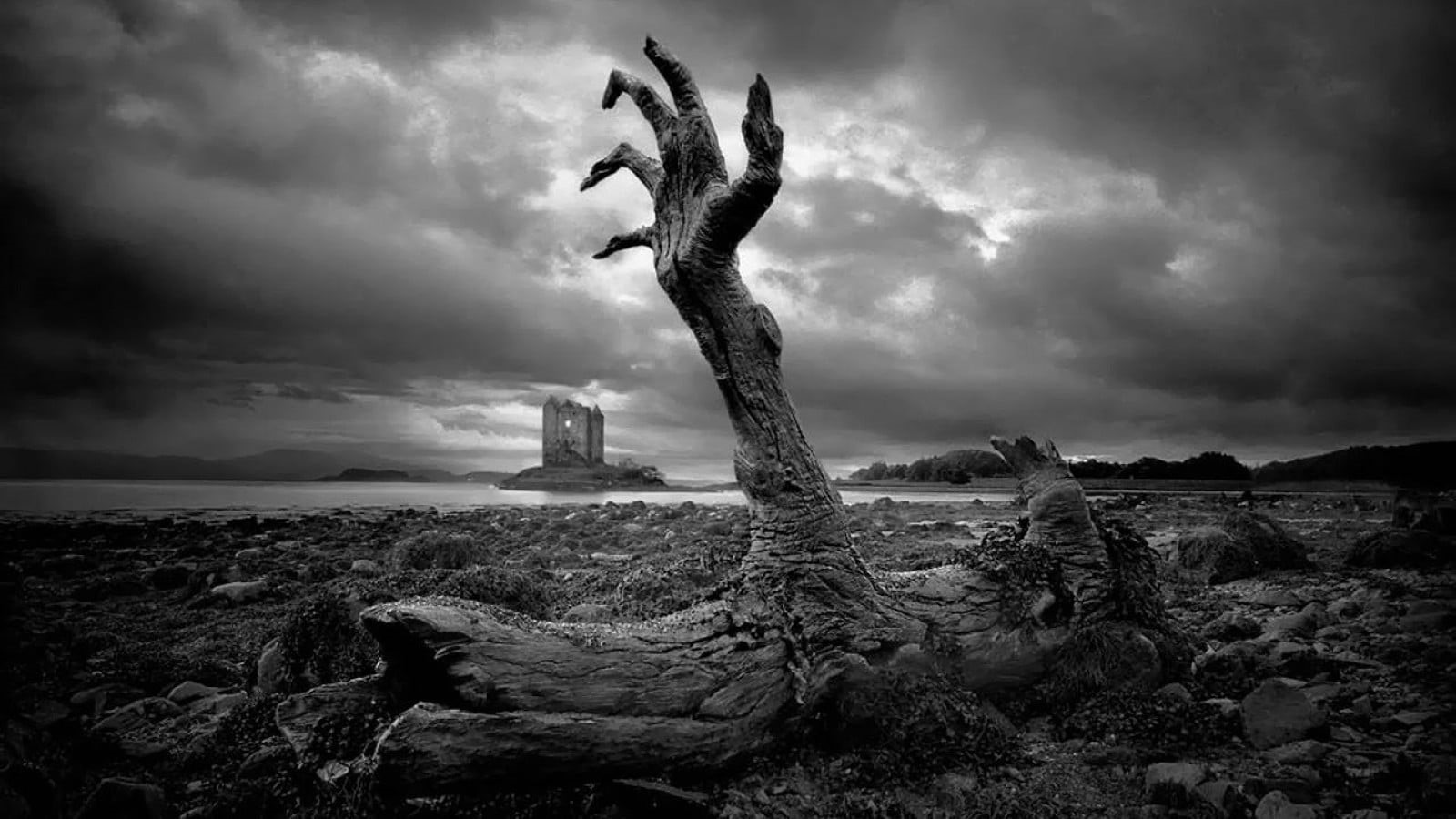 outdoors, dramatic sky, 720P, land, solid, sea, overcast, grayscale, nature, architecture, sky, cloud - sky, beach, photo, storm, dead plant, beauty in nature, HD Wallpaper