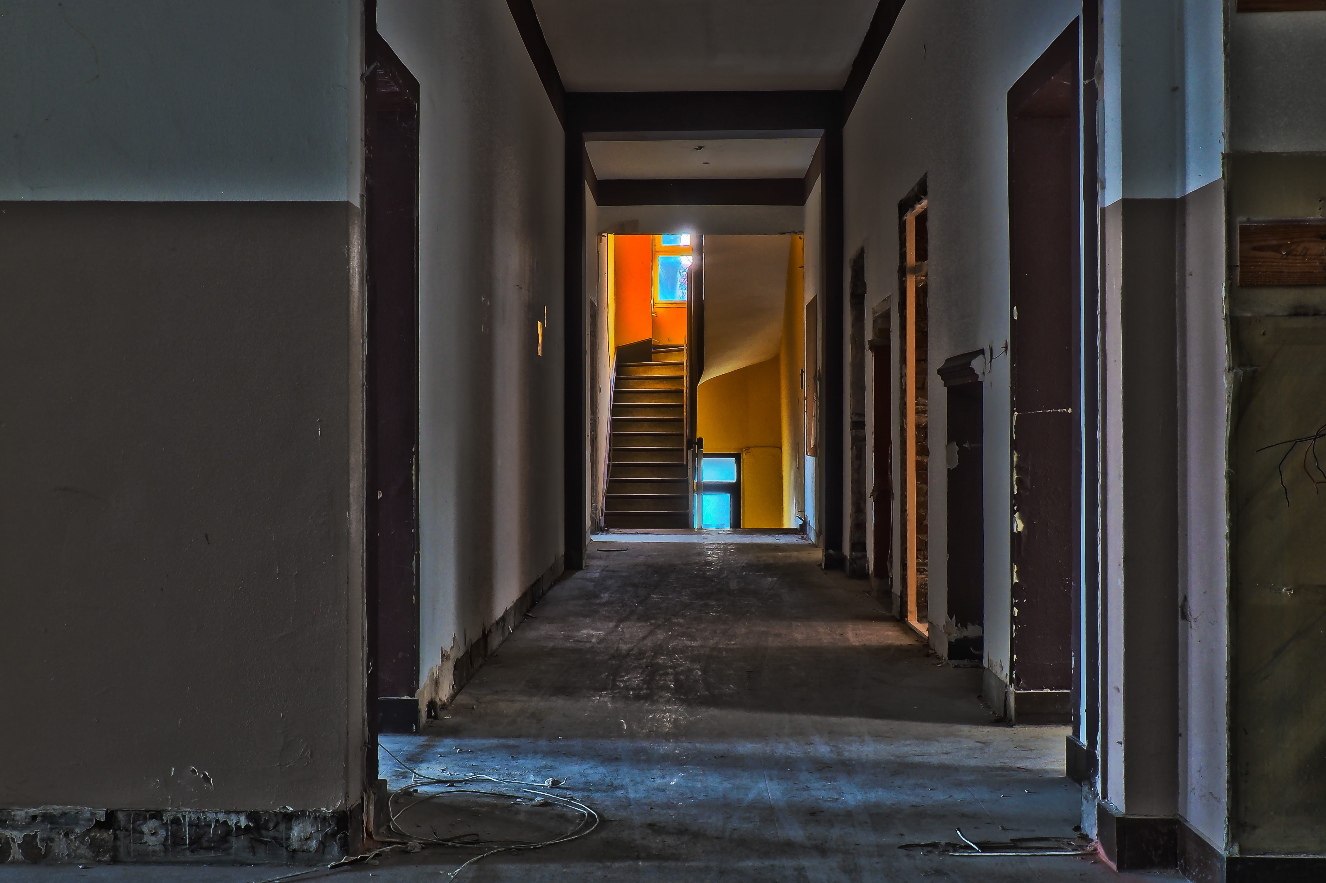 past, lost places, gang, corridor, arcade, illuminated, alley, empty, dilapidated, abandoned, transience, no people, house, window, lighting equipment, HD Wallpaper