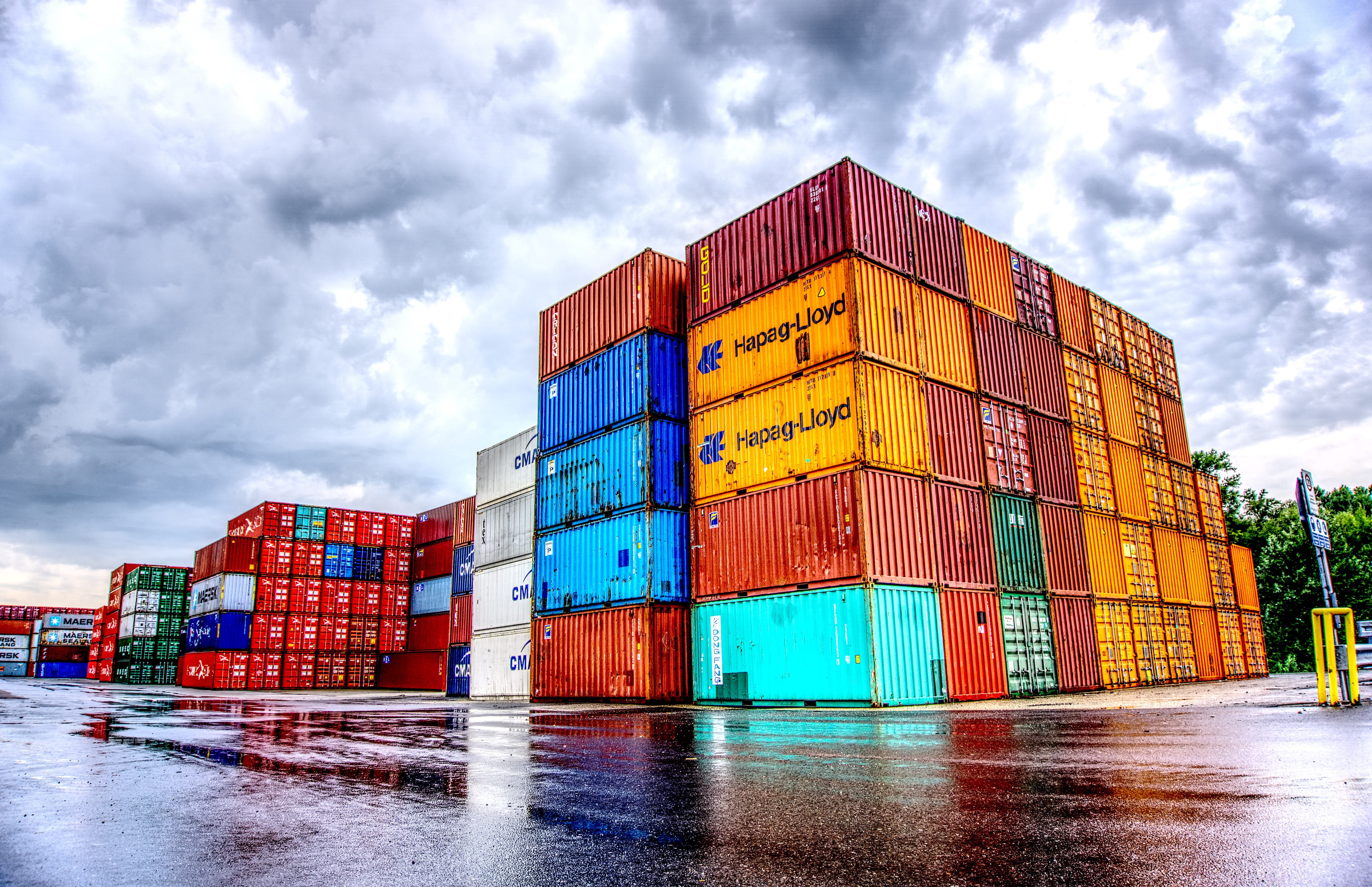 cargo, stacked, transportation, sky, cloud - sky, contrast, business, architecture, stack, 5K, colorful, port, container terminal, container, day, puddle, HD Wallpaper