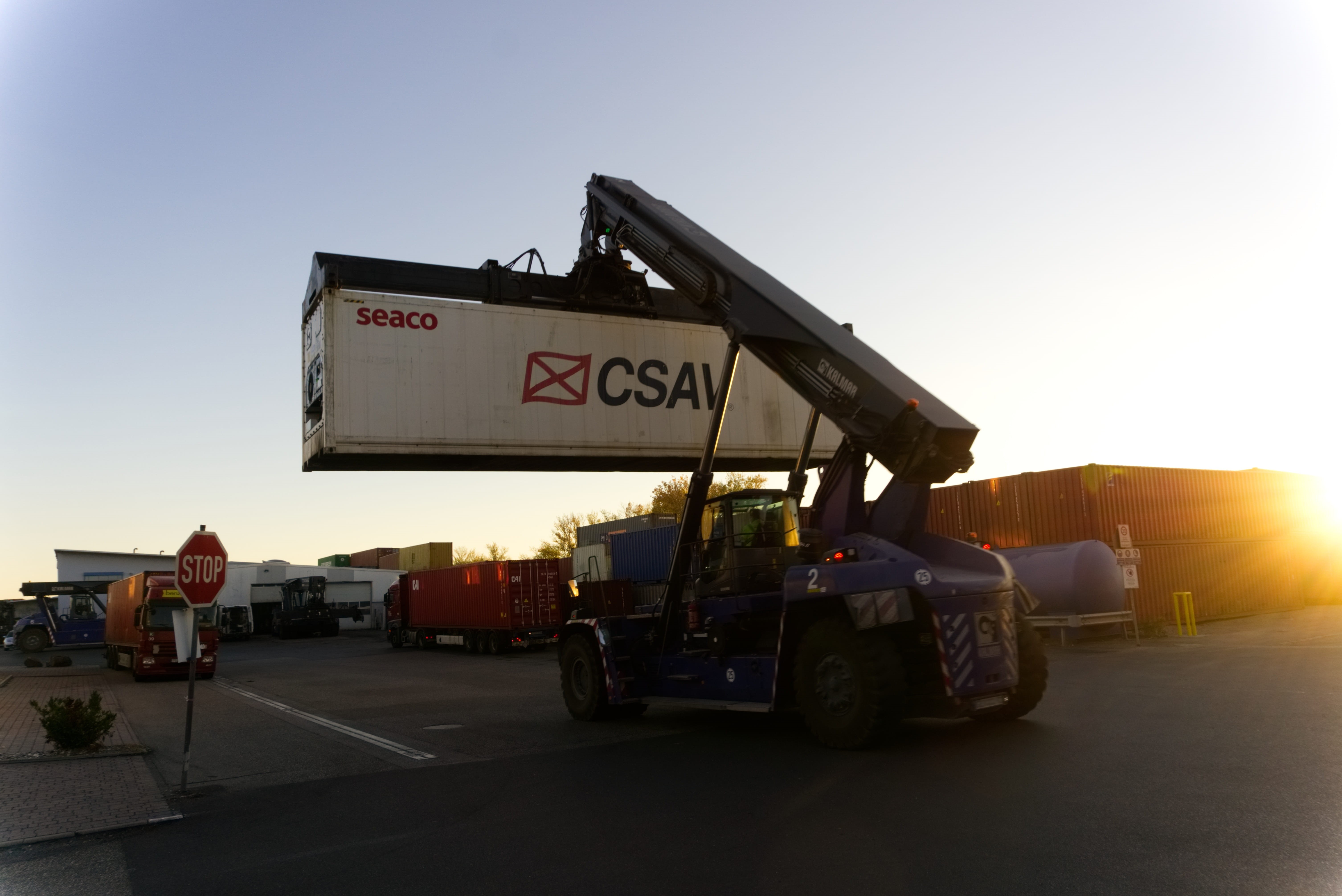 container, stacked, envelope, motor vehicle, container handling, transport, industry, architecture, transportation, sunset, clear sky, mode of transportation, HD Wallpaper