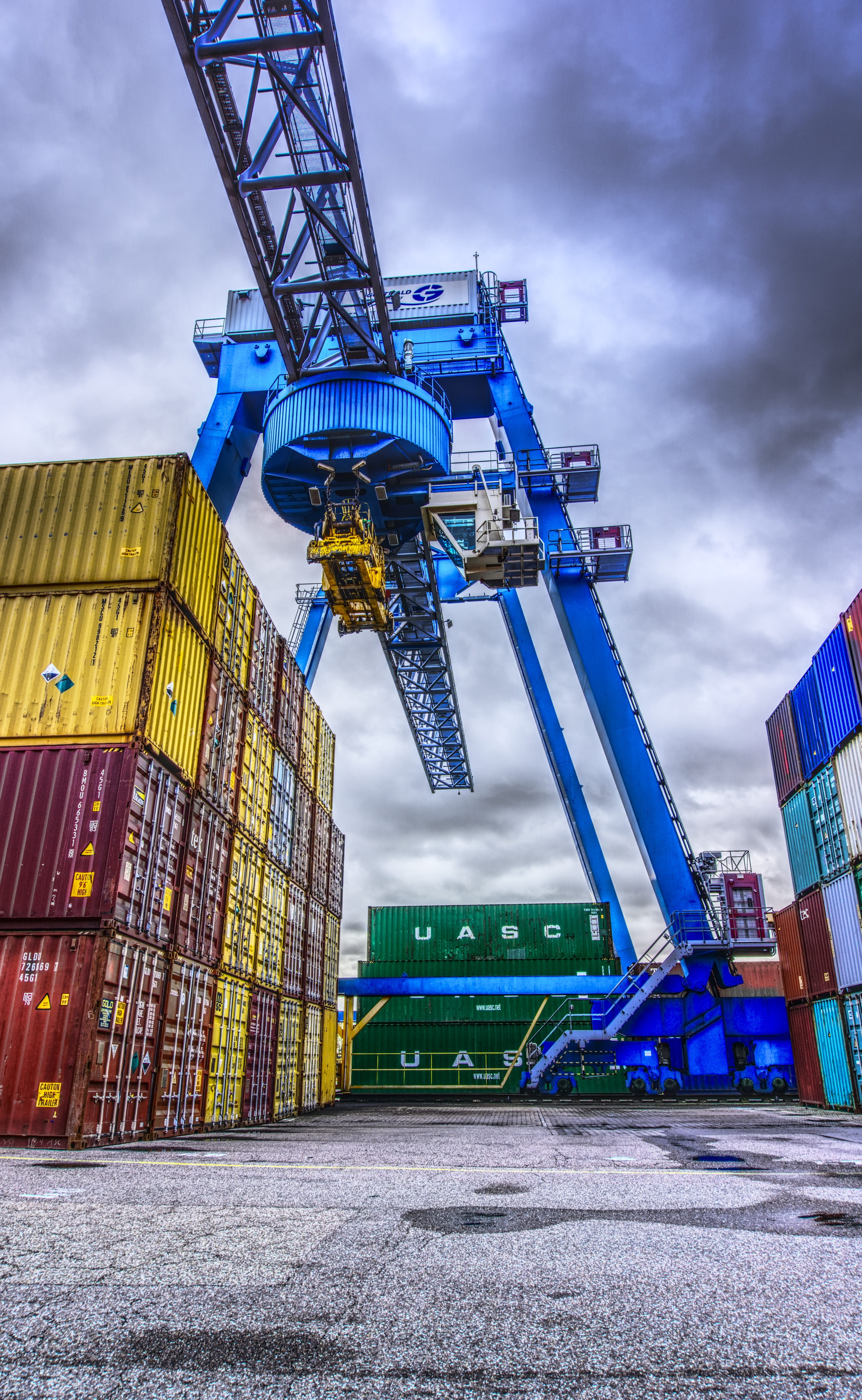 loading, germany, loading crane, container handling, hdr, stacked, high dynamic range, container, development, day, clouds, port, no people, crane - construction machinery, Phone HD Wallpaper