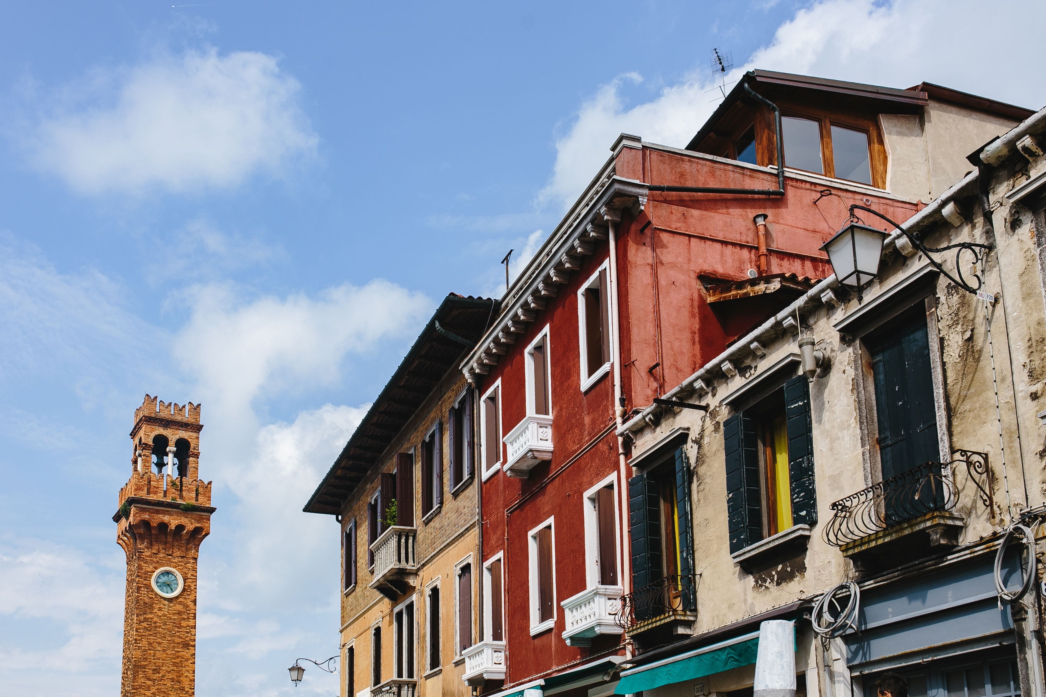 italian, travel, beautiful, clock tower, old, colorful, 2K, Italy, building, row house, window, houses, tower, town, veneto, built Structure, cultivation, HD Wallpaper