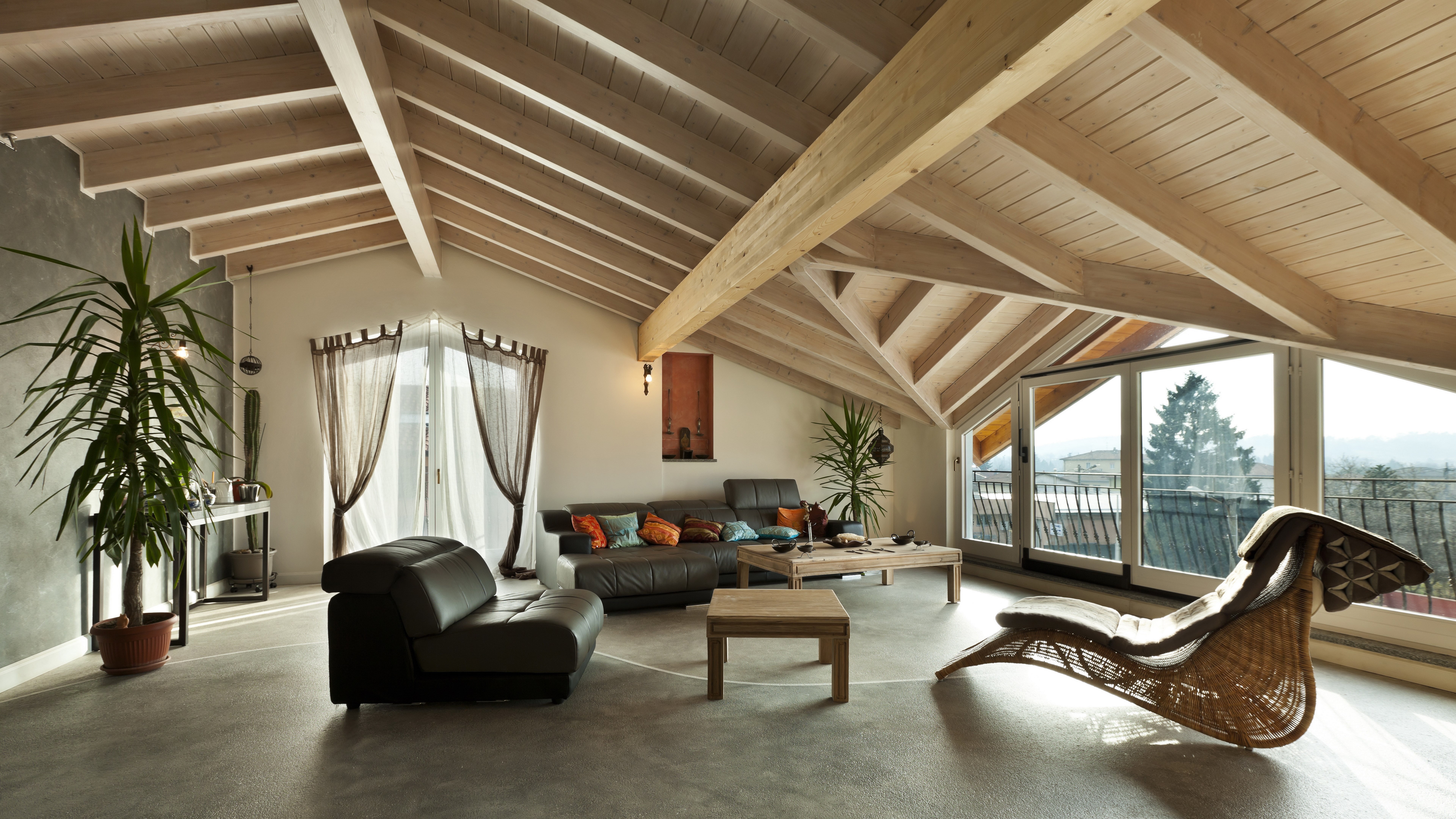 ceiling, roof beam, architectural column, chair, flooring, curtain, table, sofa, indoors, modern, seat, absence, no people, home interior, 8K, wealth, HD Wallpaper